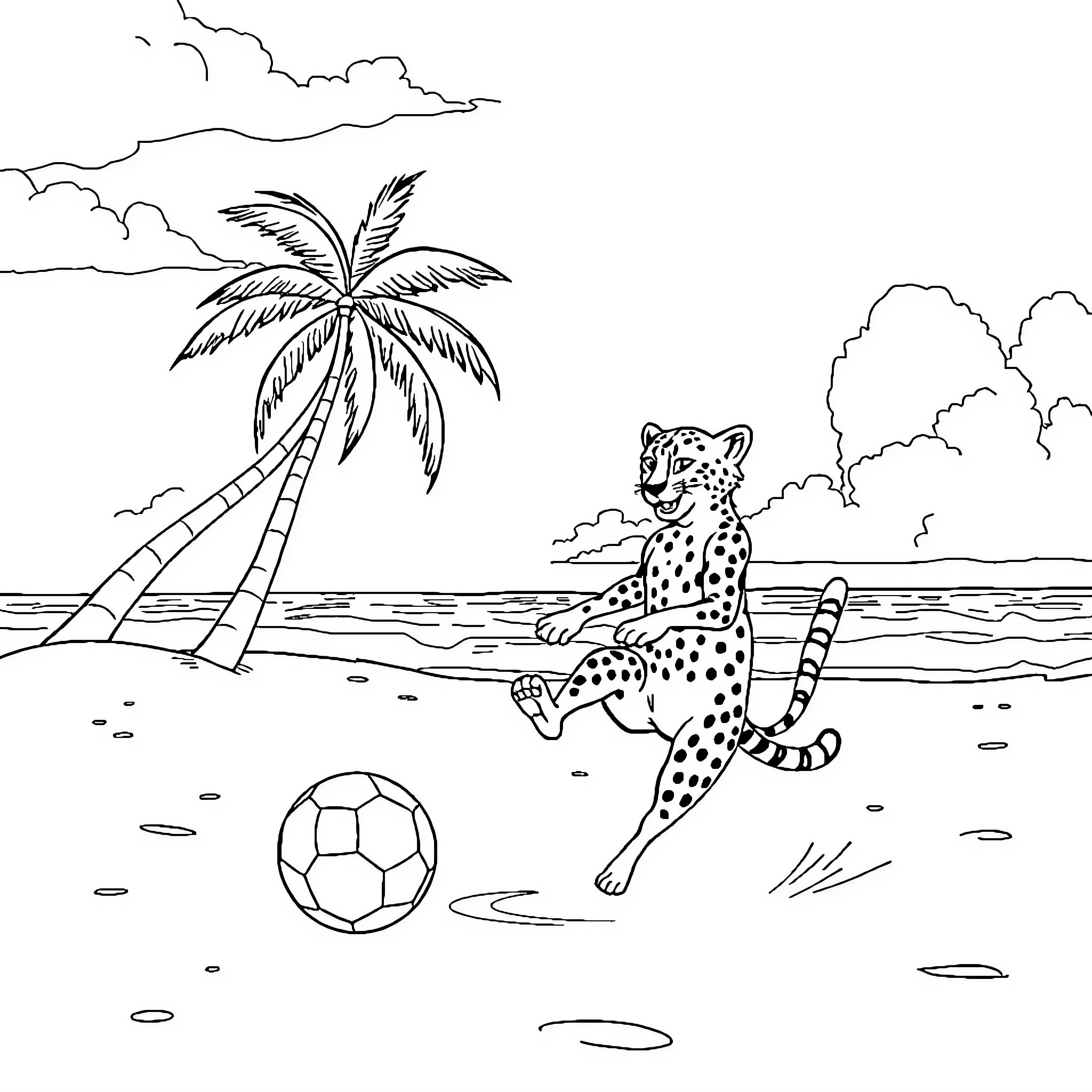 Cheetah playing with ball on tropical beach Coloring Page (free black-and-white line drawing printable PDF for all, from beginners to advanced learners, including children, teens, adults, and seniors)