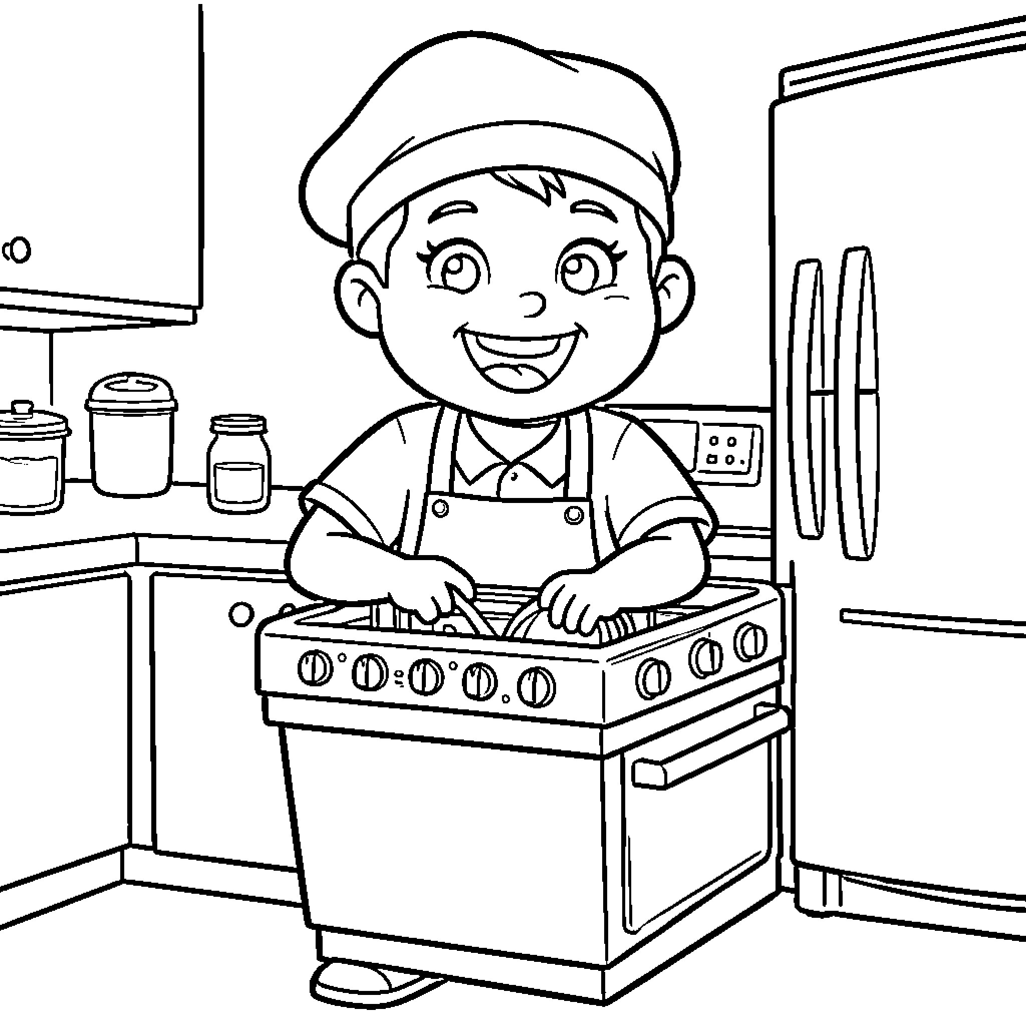 Dishwasher cooking happily in the kitchen Coloring Page (free black-and-white line drawing printable PDF for all, from beginners to advanced learners, including children, teens, adults, and seniors)