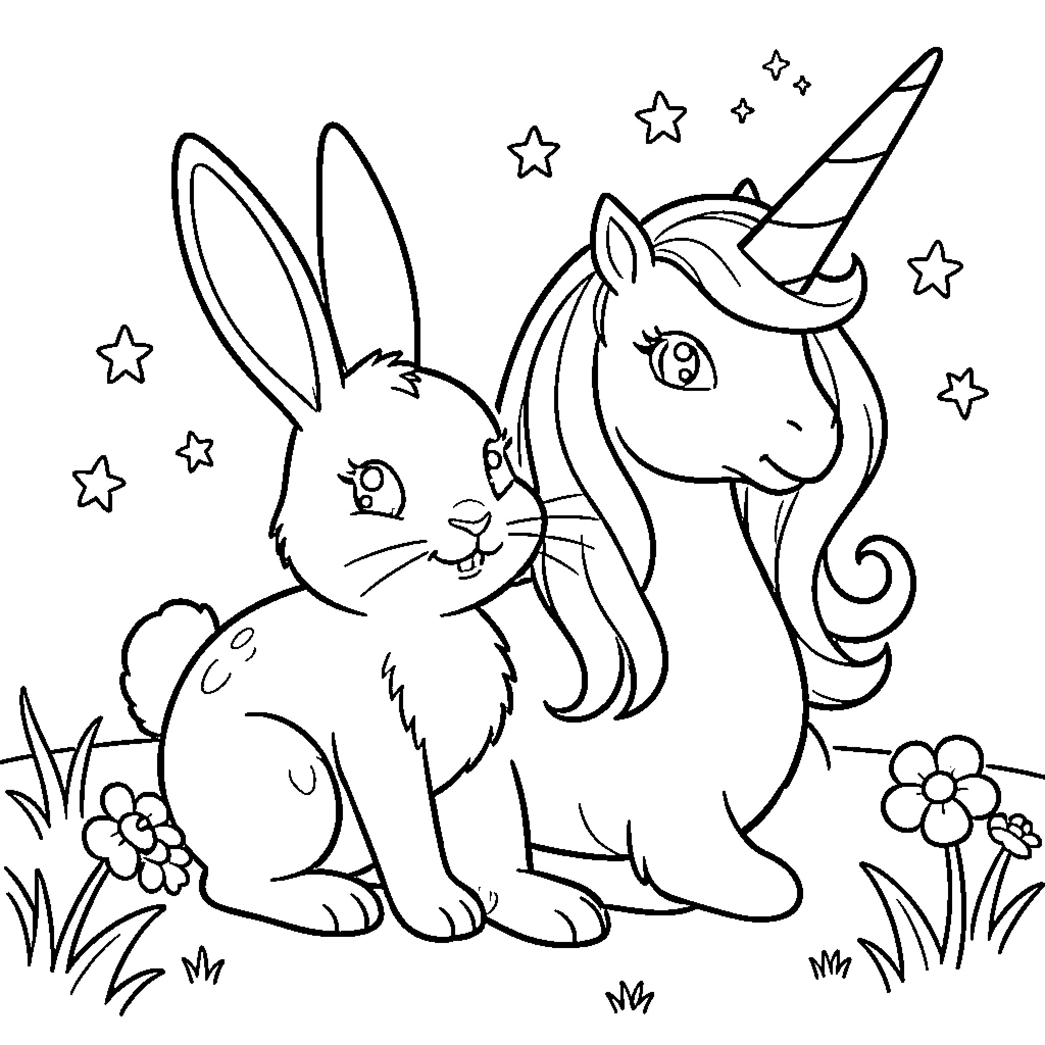 Easter Bunny and Unicorn in Whimsical Meadow Coloring Page (free black-and-white line drawing printable PDF for all, from beginners to advanced learners, including children, teens, adults, and seniors)