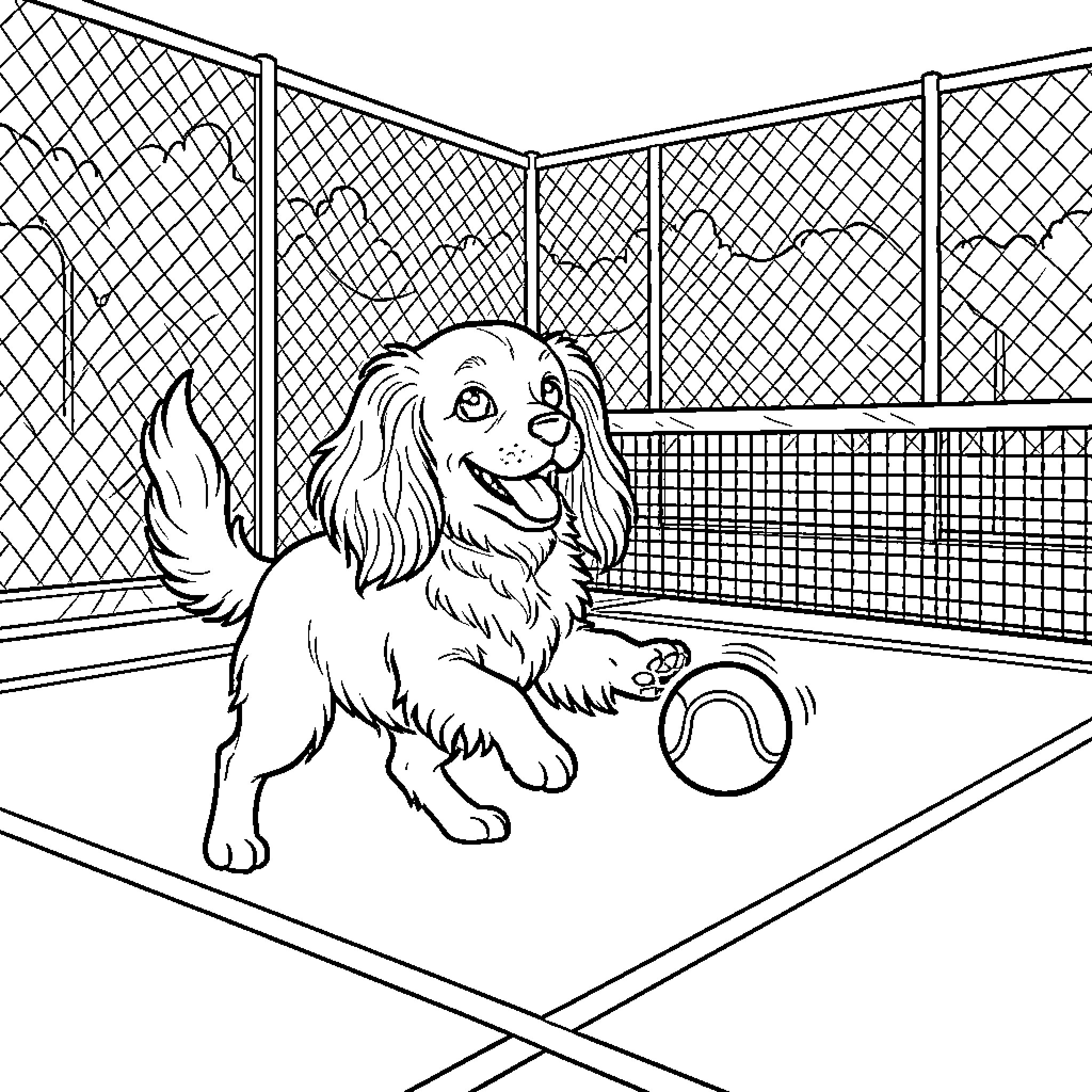 Cavalier King playing happily in fenced area Coloring Page (free black-and-white line drawing printable PDF for all, from beginners to advanced learners, including children, teens, adults, and seniors)