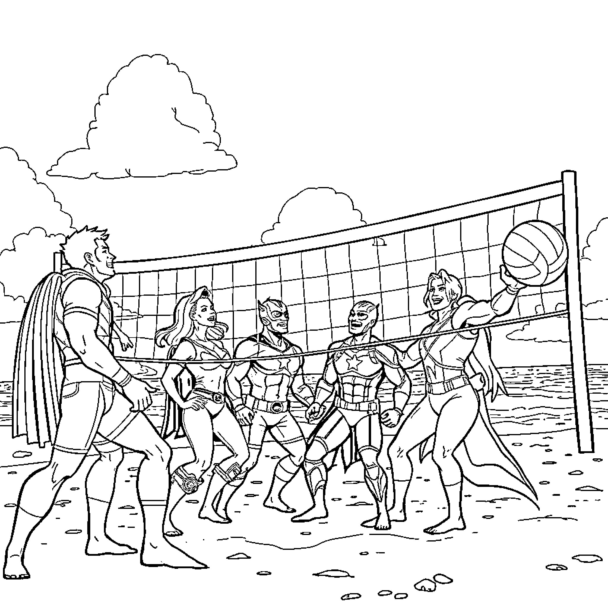 Avenger heroes playing beach volleyball Coloring Page (free black-and-white line drawing printable PDF for all, from beginners to advanced learners, including children, teens, adults, and seniors)