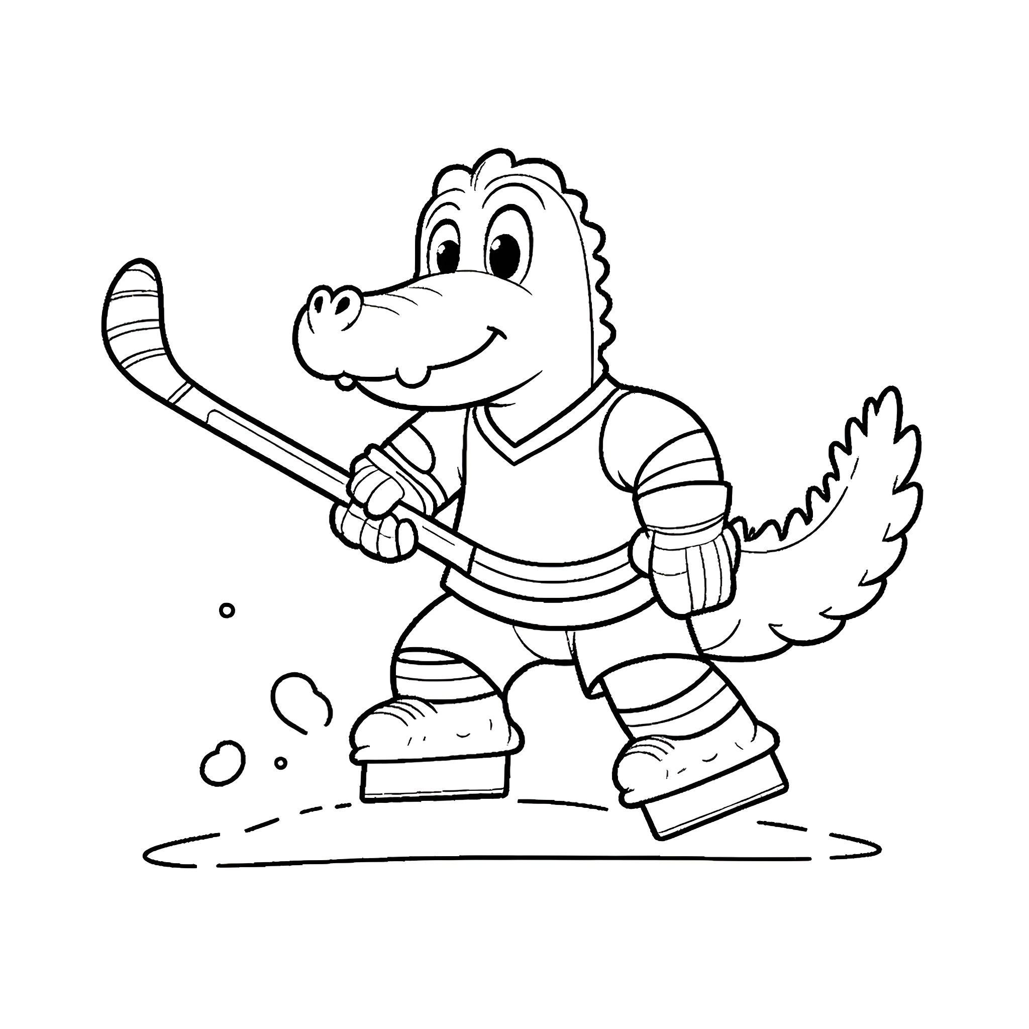 Alligator playing hockey with hockey stick Coloring Page (free black-and-white line drawing printable PDF for all, from beginners to advanced learners, including children, teens, adults, and seniors)
