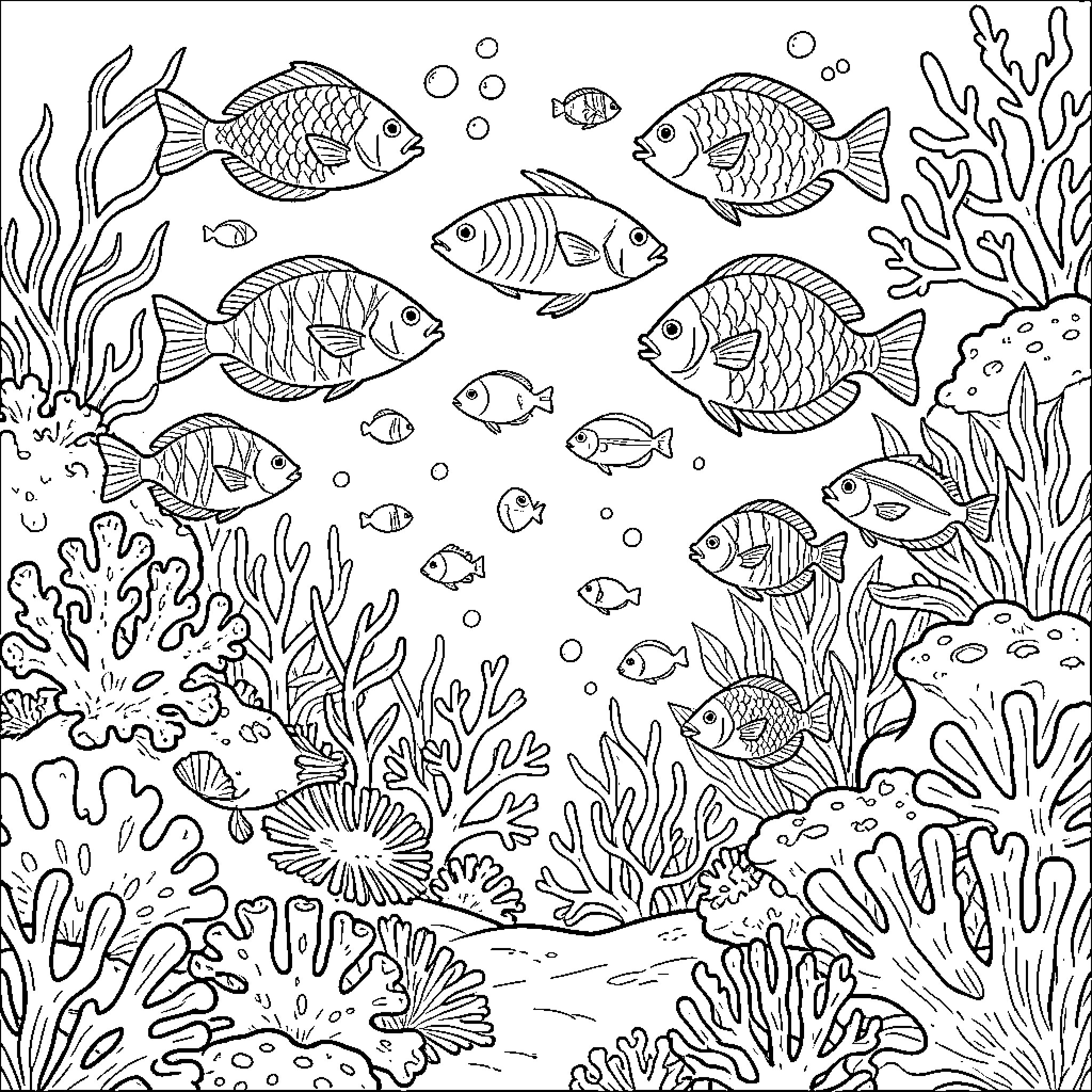 Sea Life swimming among coral reefs and bubbles Coloring Page (free black-and-white line drawing printable PDF for all, from beginners to advanced learners, including children, teens, adults, and seniors)