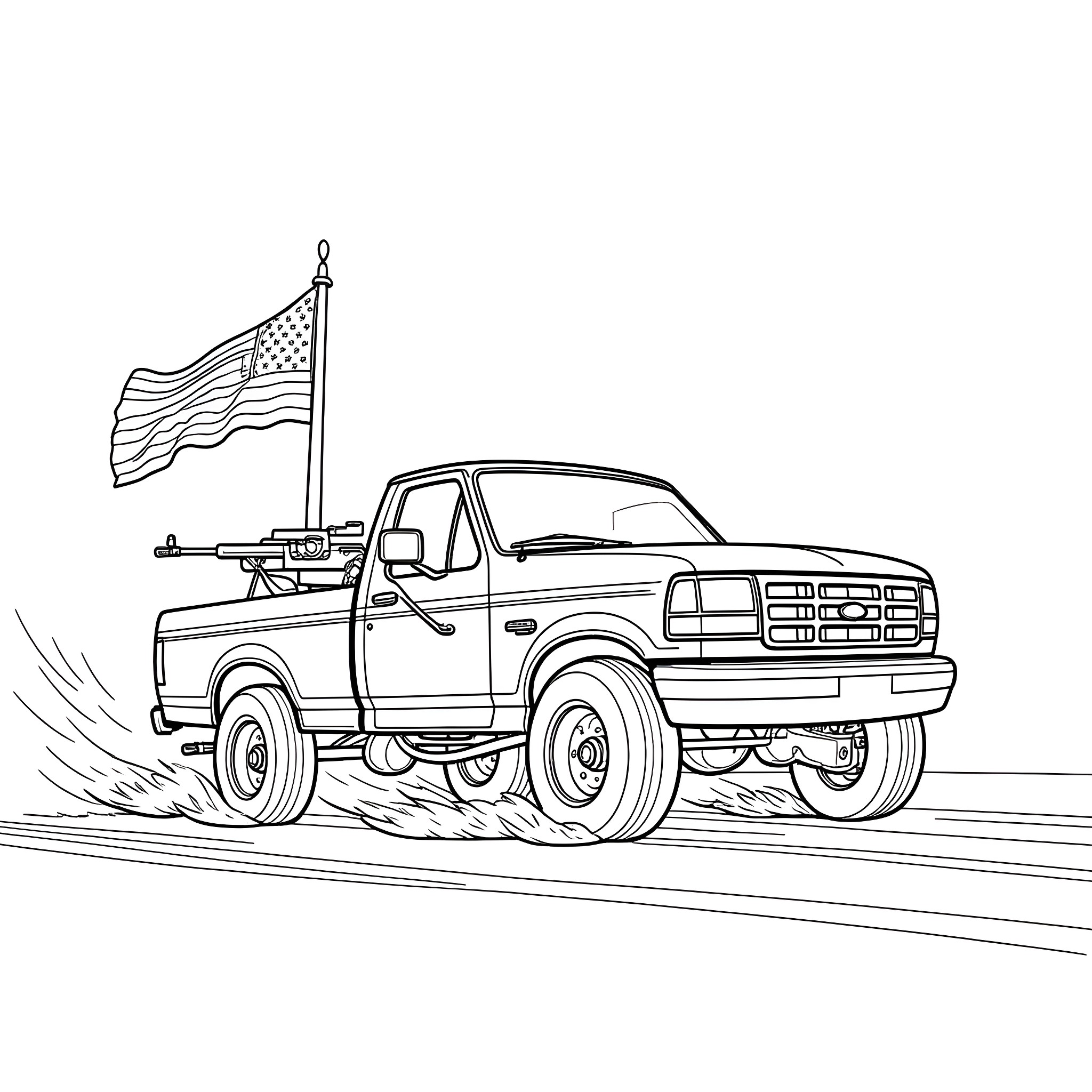 Ford F-250 truck driving with American flag Coloring Page (free black-and-white line drawing printable PDF for all, from beginners to advanced learners, including children, teens, adults, and seniors)