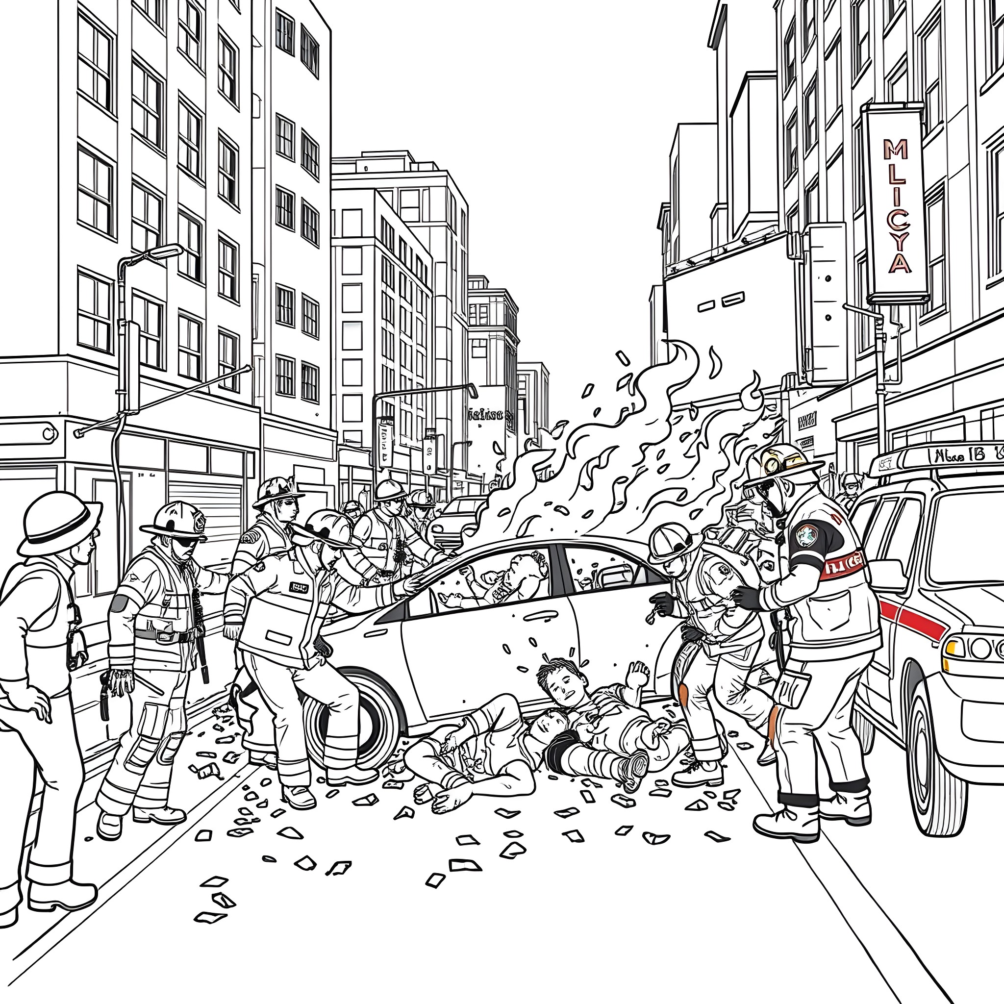 Car accident scene with emergency responders Coloring Page (free black-and-white line drawing printable PDF for all, from beginners to advanced learners, including children, teens, adults, and seniors)
