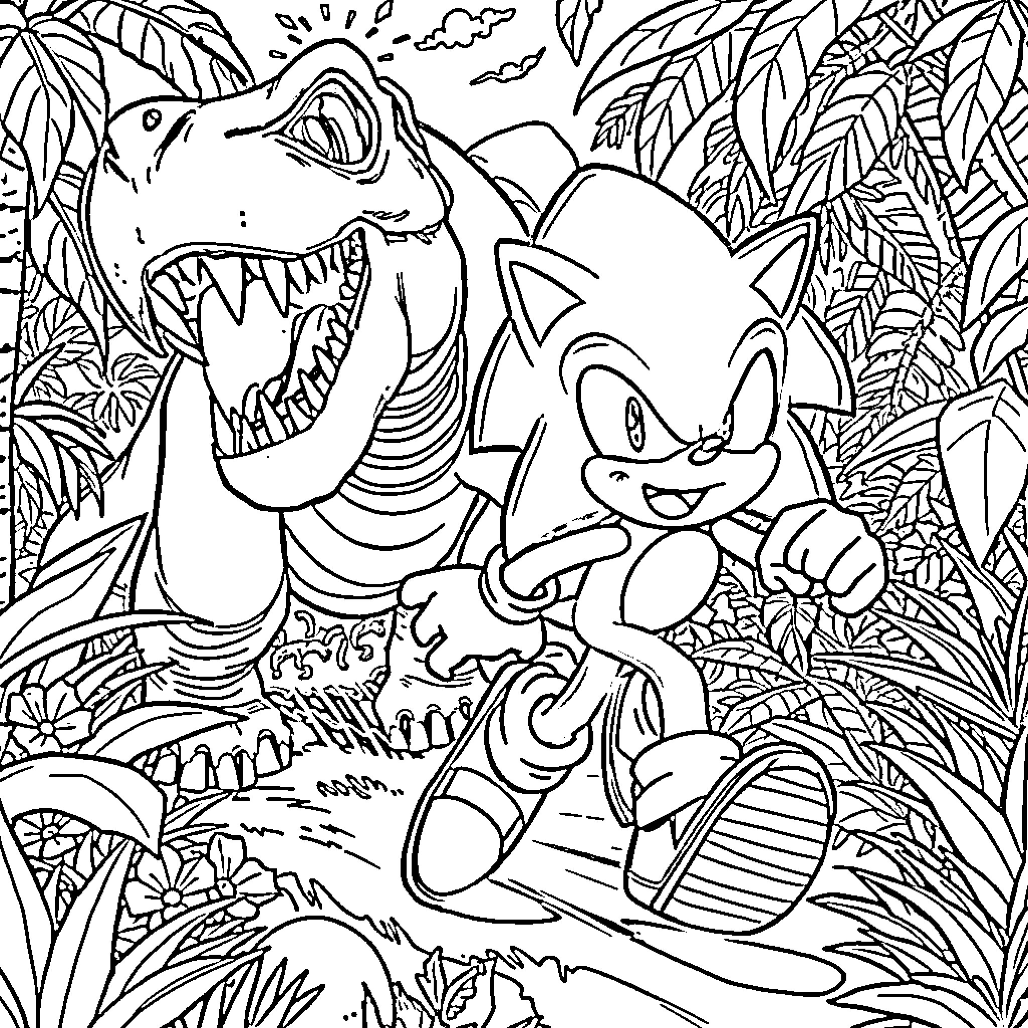 Sonic's Jungle Adventure with Fearsome Shark Coloring Page (free black-and-white line drawing printable PDF for all, from beginners to advanced learners, including children, teens, adults, and seniors)