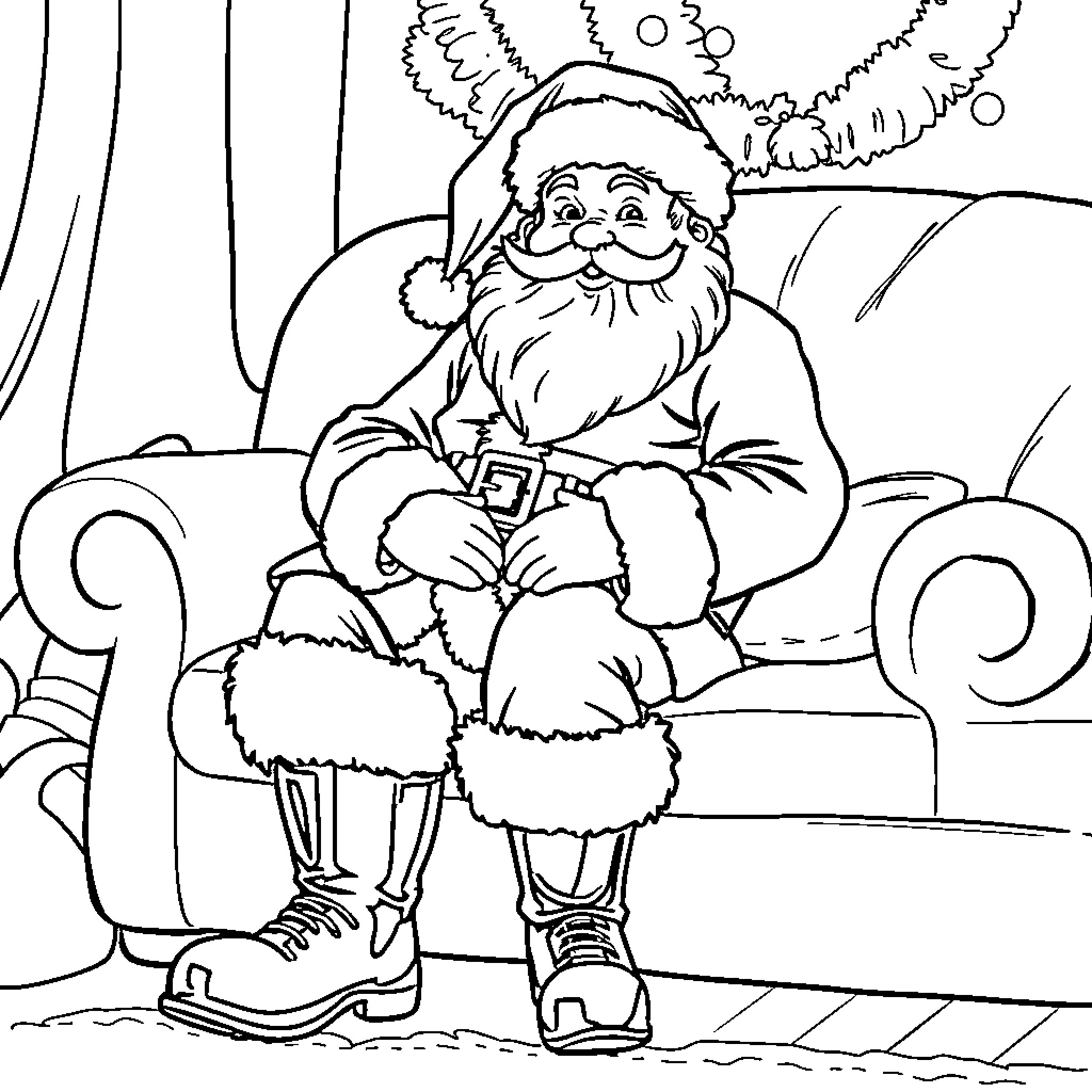 Santa Claus relaxing in his cozy armchair Coloring Page (free black-and-white line drawing printable PDF for all, from beginners to advanced learners, including children, teens, adults, and seniors)