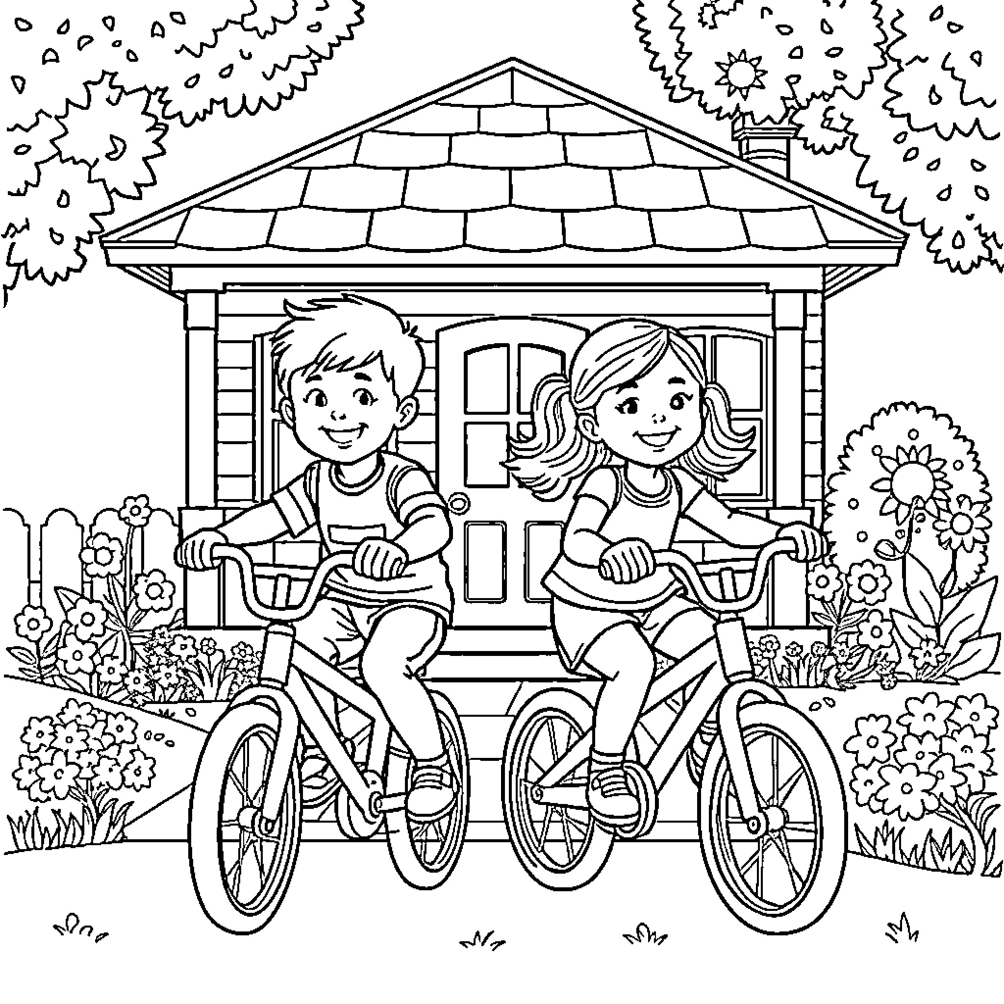 Twin siblings riding bikes in front of house Coloring Page (free black-and-white line drawing printable PDF for all, from beginners to advanced learners, including children, teens, adults, and seniors)
