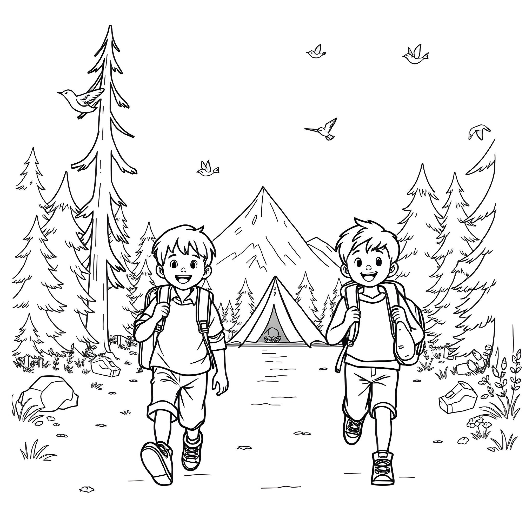 Boys hiking through the scenic forest Coloring Page (free black-and-white line drawing printable PDF for all, from beginners to advanced learners, including children, teens, adults, and seniors)