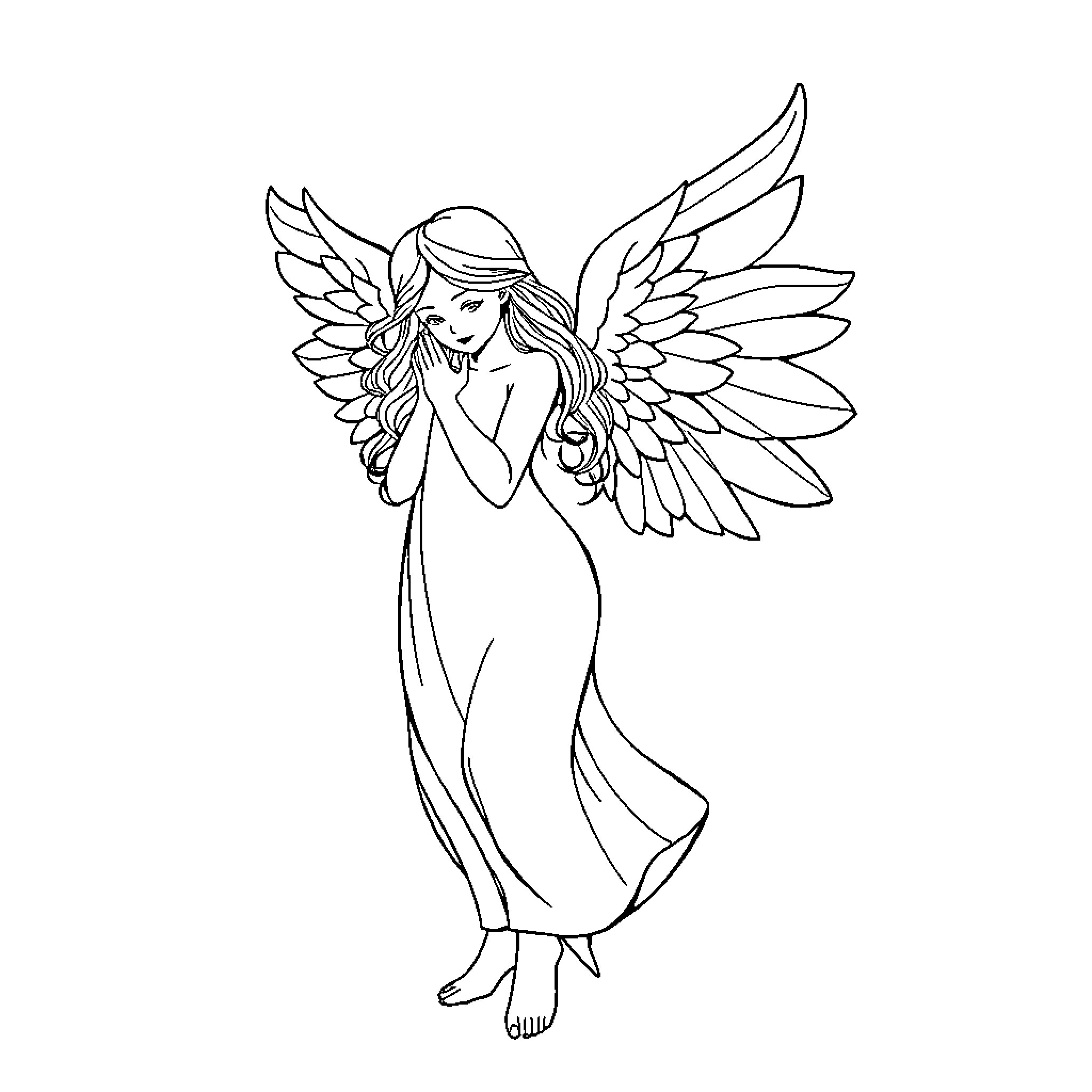 Angel with Flowing Robes and Outstretched Wings Coloring Page (free black-and-white line drawing printable PDF for all, from beginners to advanced learners, including children, teens, adults, and seniors)