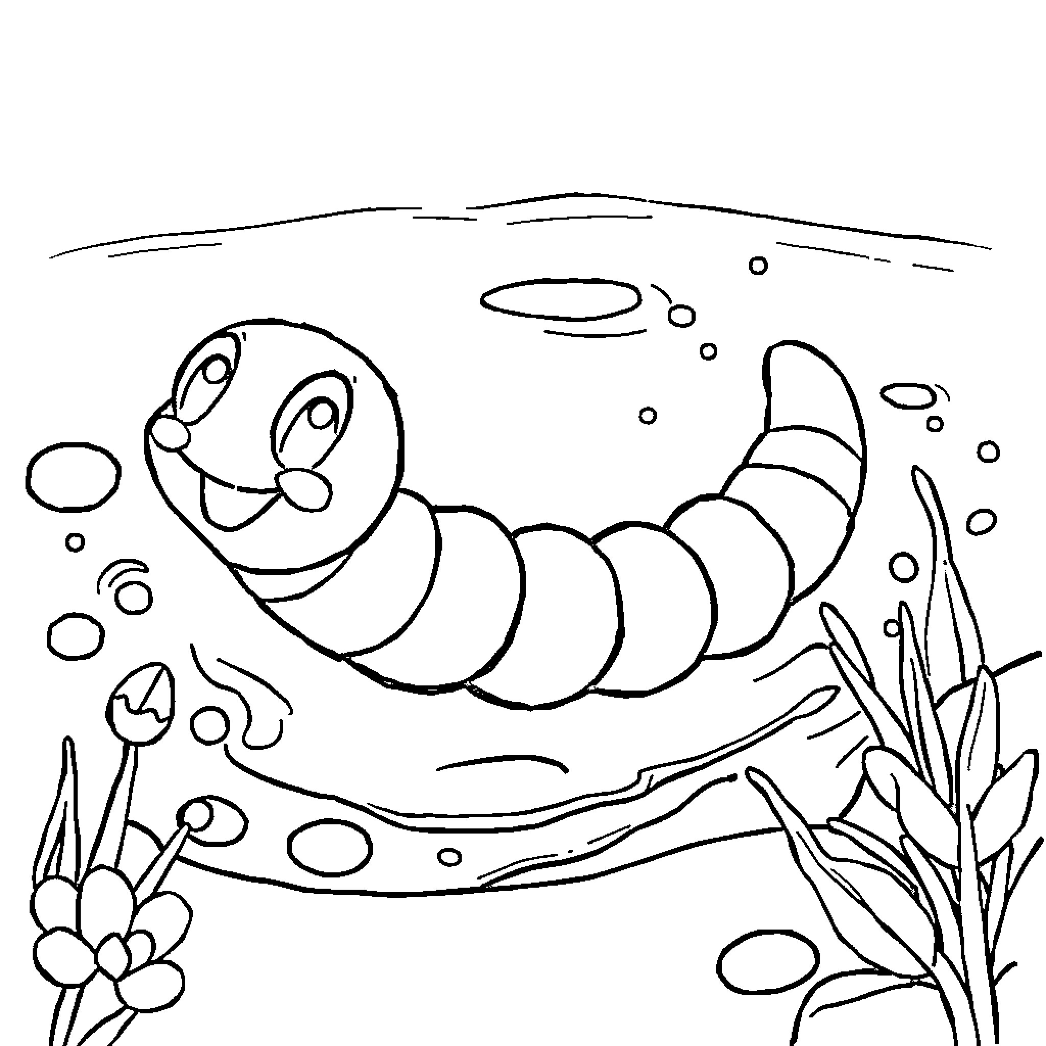 Worm swimming happily through the underwater landscape Coloring Page (free black-and-white line drawing printable PDF for all, from beginners to advanced learners, including children, teens, adults, and seniors)