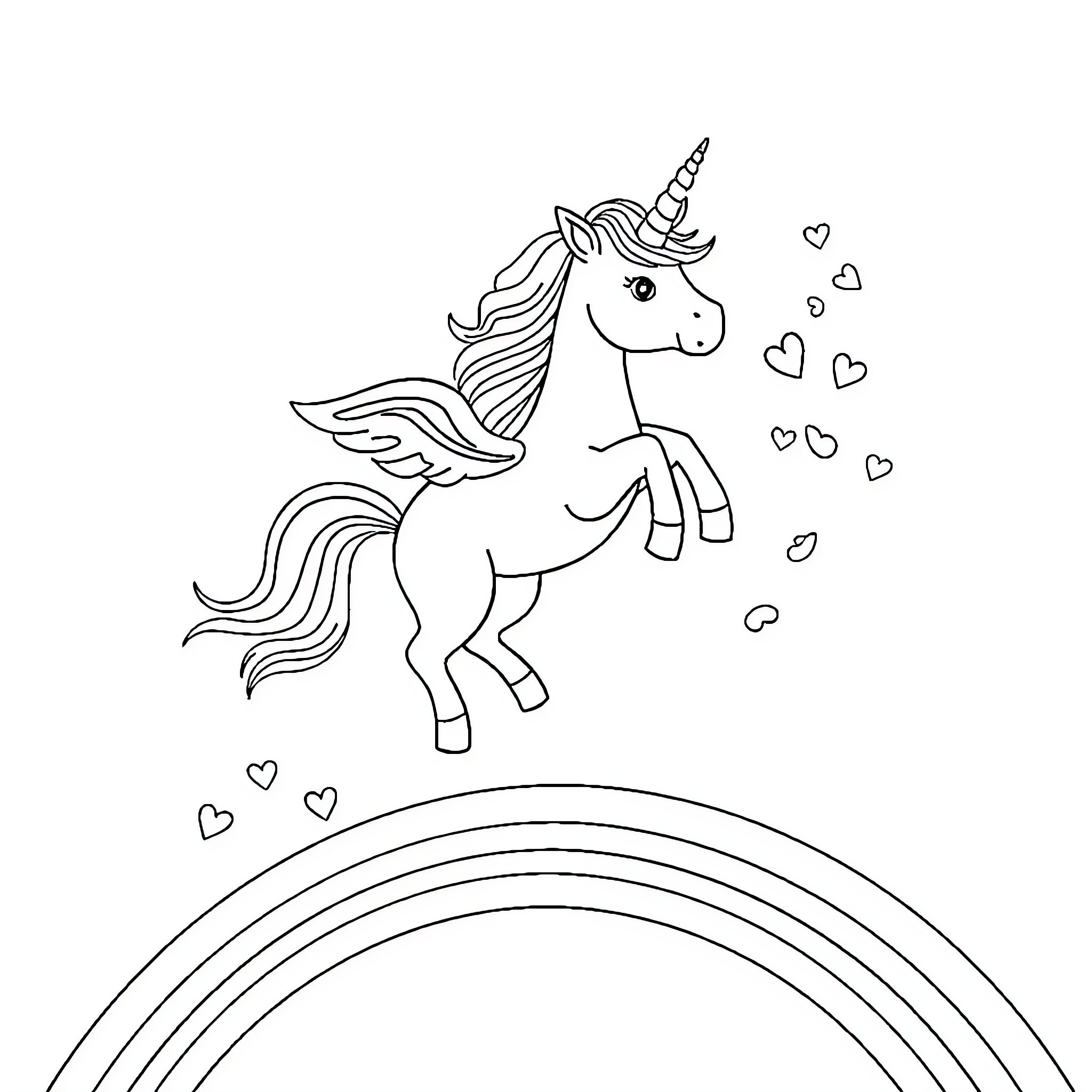 Unicorn frolicking joyfully with hearts Coloring Page (free black-and-white line drawing printable PDF for all, from beginners to advanced learners, including children, teens, adults, and seniors)