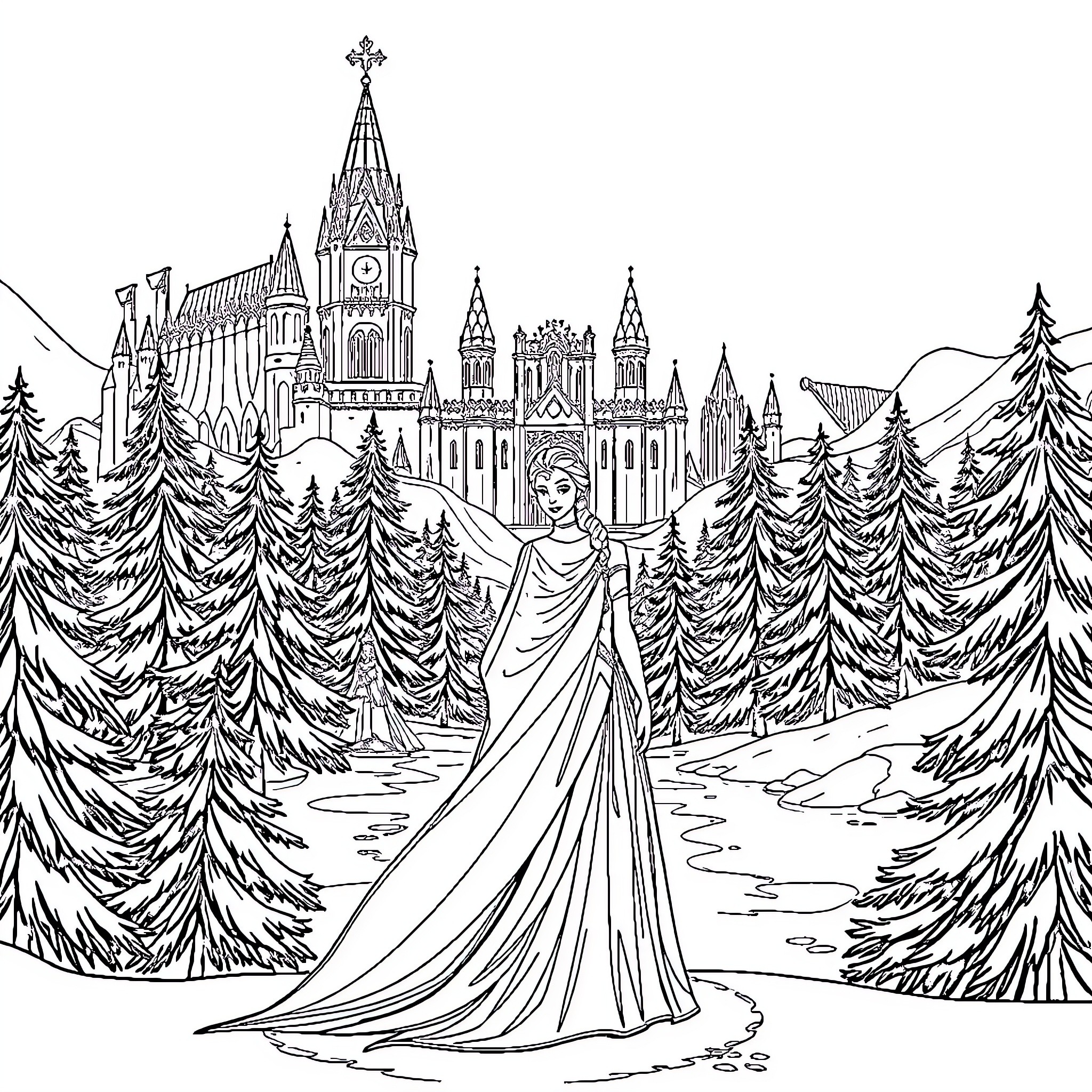 Elsa standing proudly before a majestic castle Coloring Page (free black-and-white line drawing printable PDF for all, from beginners to advanced learners, including children, teens, adults, and seniors)