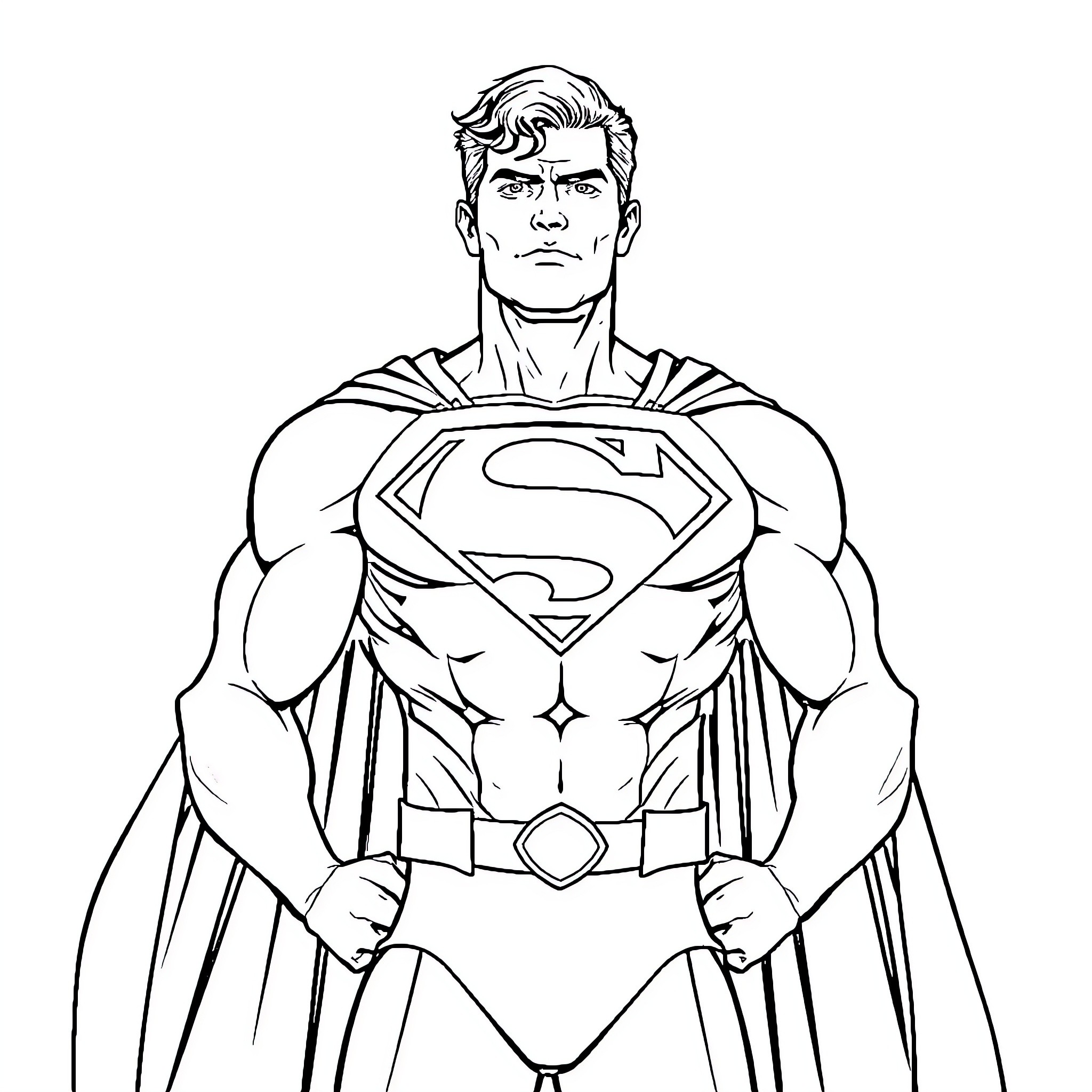 Superman heroically stands ready for action Coloring Page (free black-and-white line drawing printable PDF for all, from beginners to advanced learners, including children, teens, adults, and seniors)