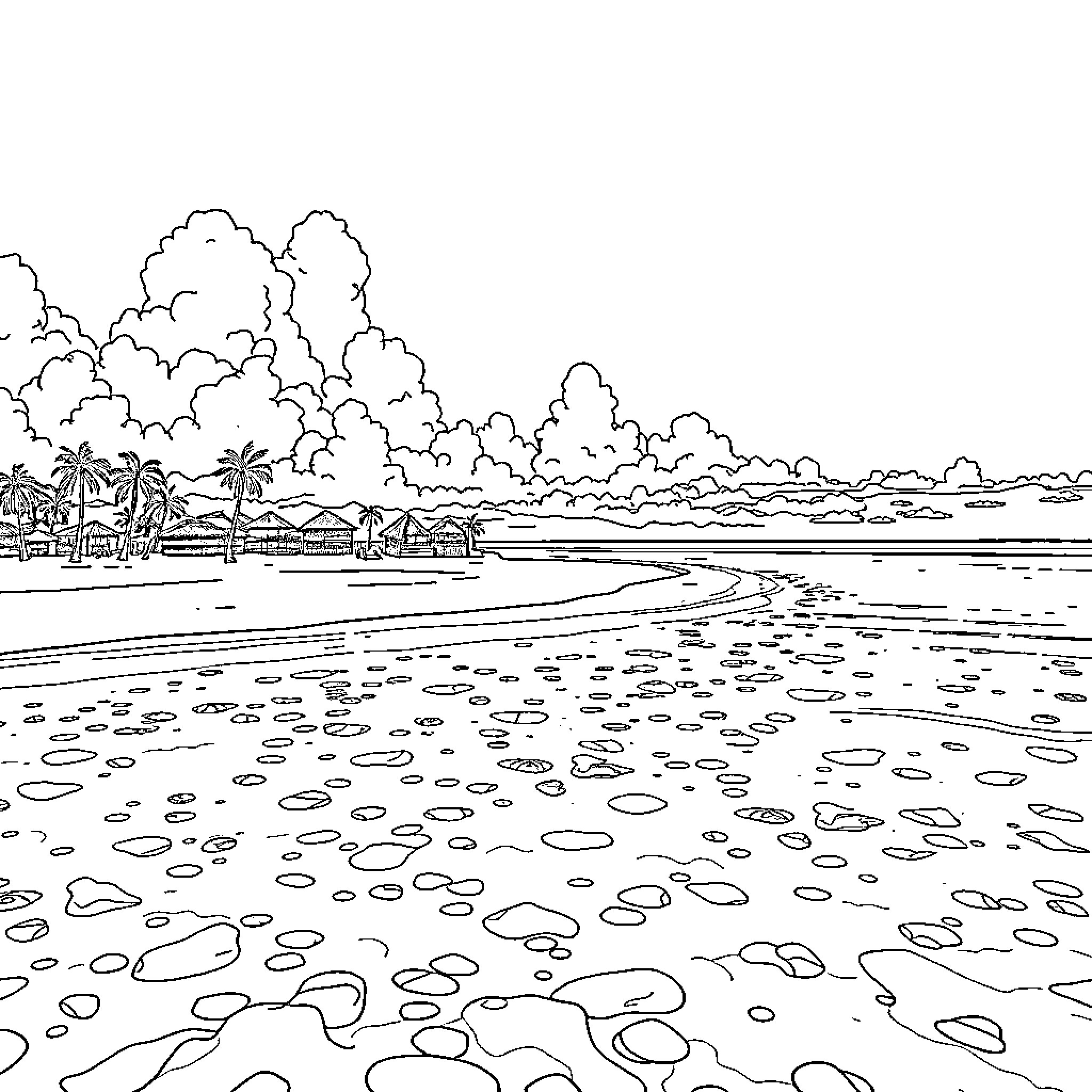 Country Beach Scene with Palm Trees and Clouds Coloring Page (free black-and-white line drawing printable PDF for all, from beginners to advanced learners, including children, teens, adults, and seniors)