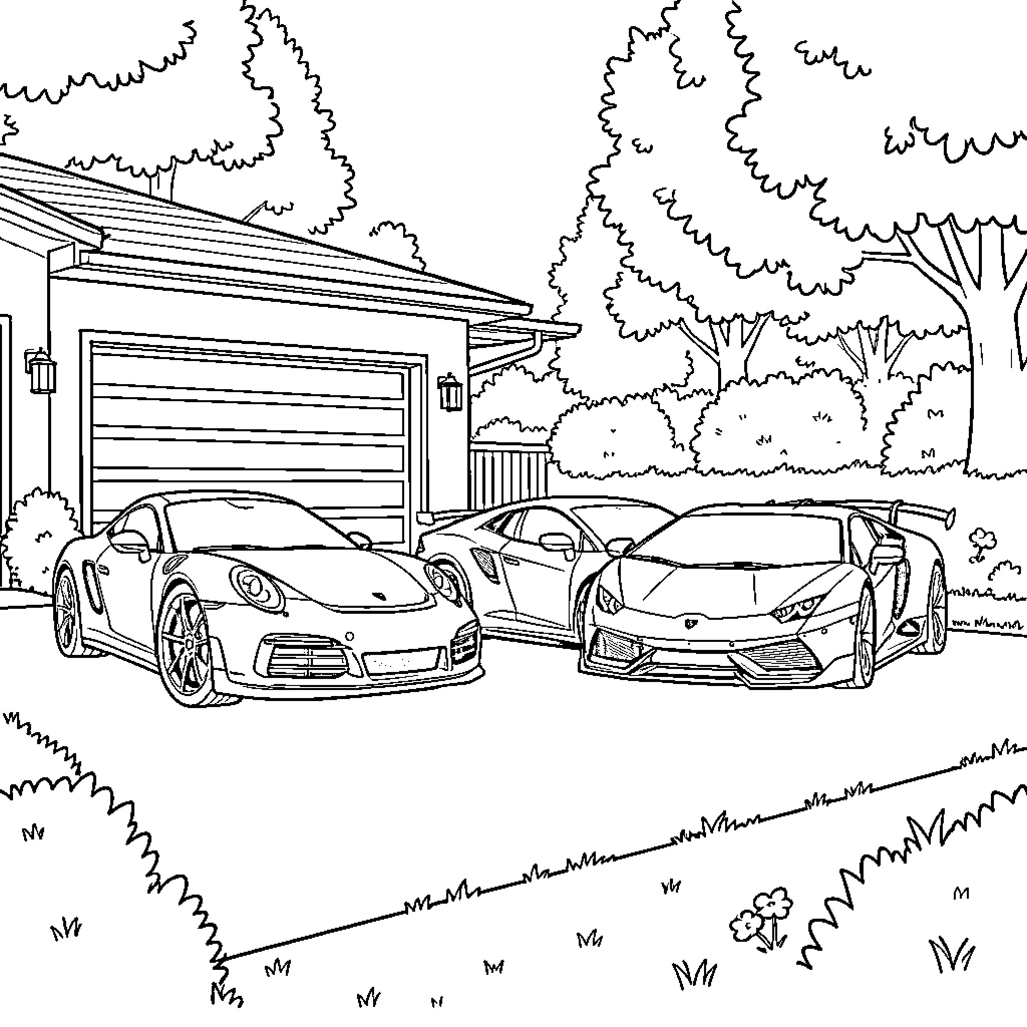 Porsche Lamborghini parked in front of a house Coloring Page (free black-and-white line drawing printable PDF for all, from beginners to advanced learners, including children, teens, adults, and seniors)