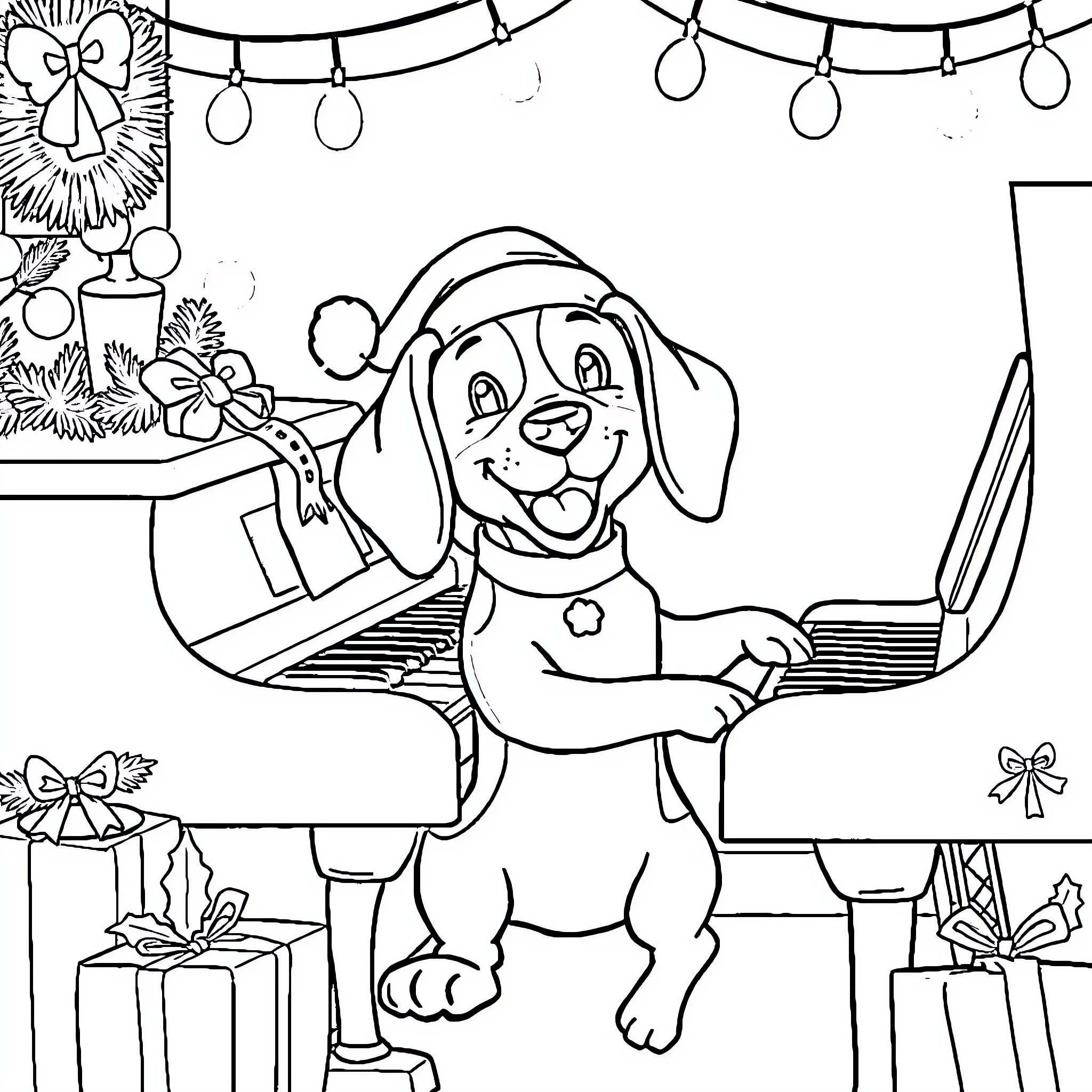 Beagle playing piano amidst holiday decor Coloring Page (free black-and-white line drawing printable PDF for all, from beginners to advanced learners, including children, teens, adults, and seniors)