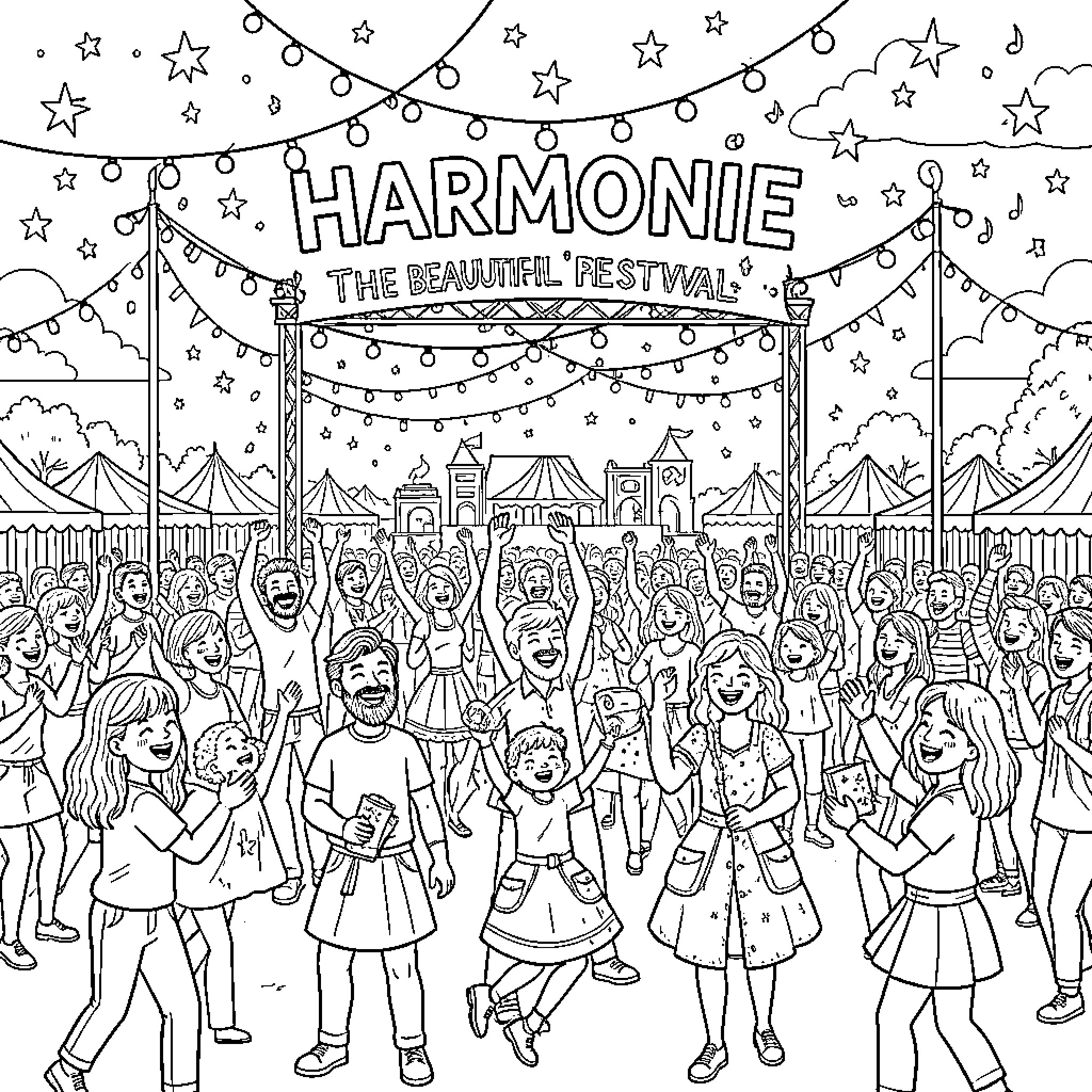Harmonie: The Beautiful Festival Coloring Page (free black-and-white line drawing printable PDF for all, from beginners to advanced learners, including children, teens, adults, and seniors)