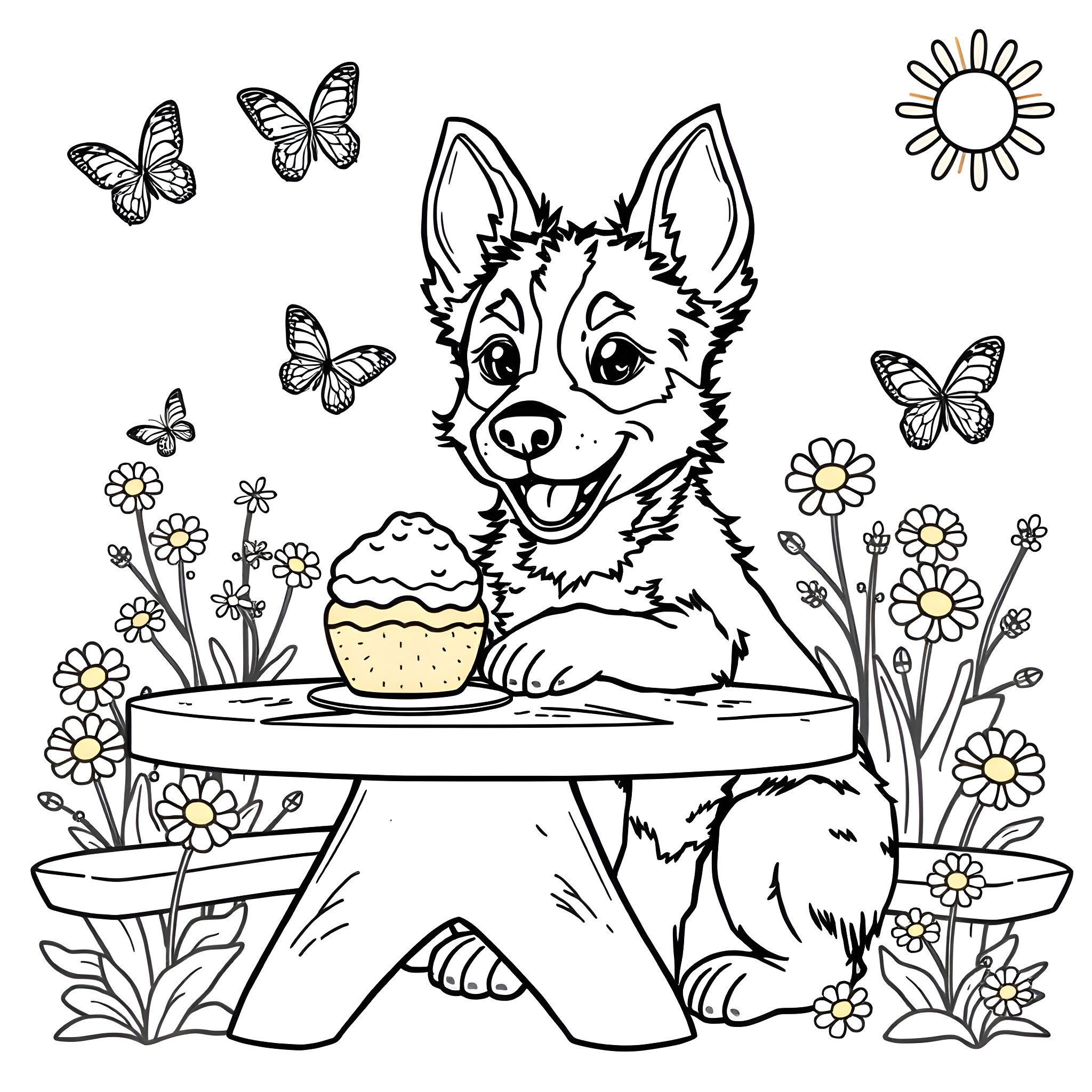 Bluey's Joyful Day with Cupcakes and Butterflies Coloring Page (free black-and-white line drawing printable PDF for all, from beginners to advanced learners, including children, teens, adults, and seniors)