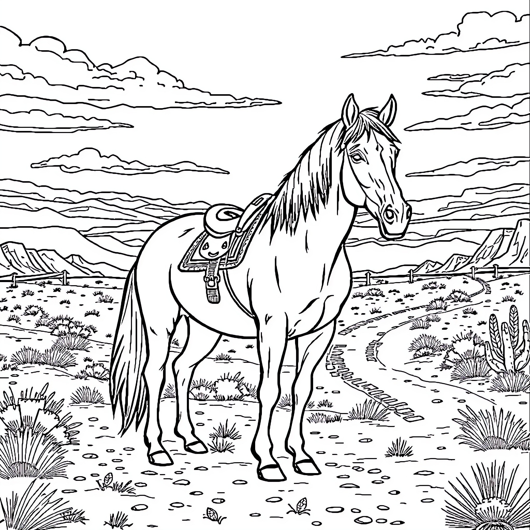 Horse standing in a scenic desert landscape Coloring Page (free black-and-white line drawing printable PDF for all, from beginners to advanced learners, including children, teens, adults, and seniors)