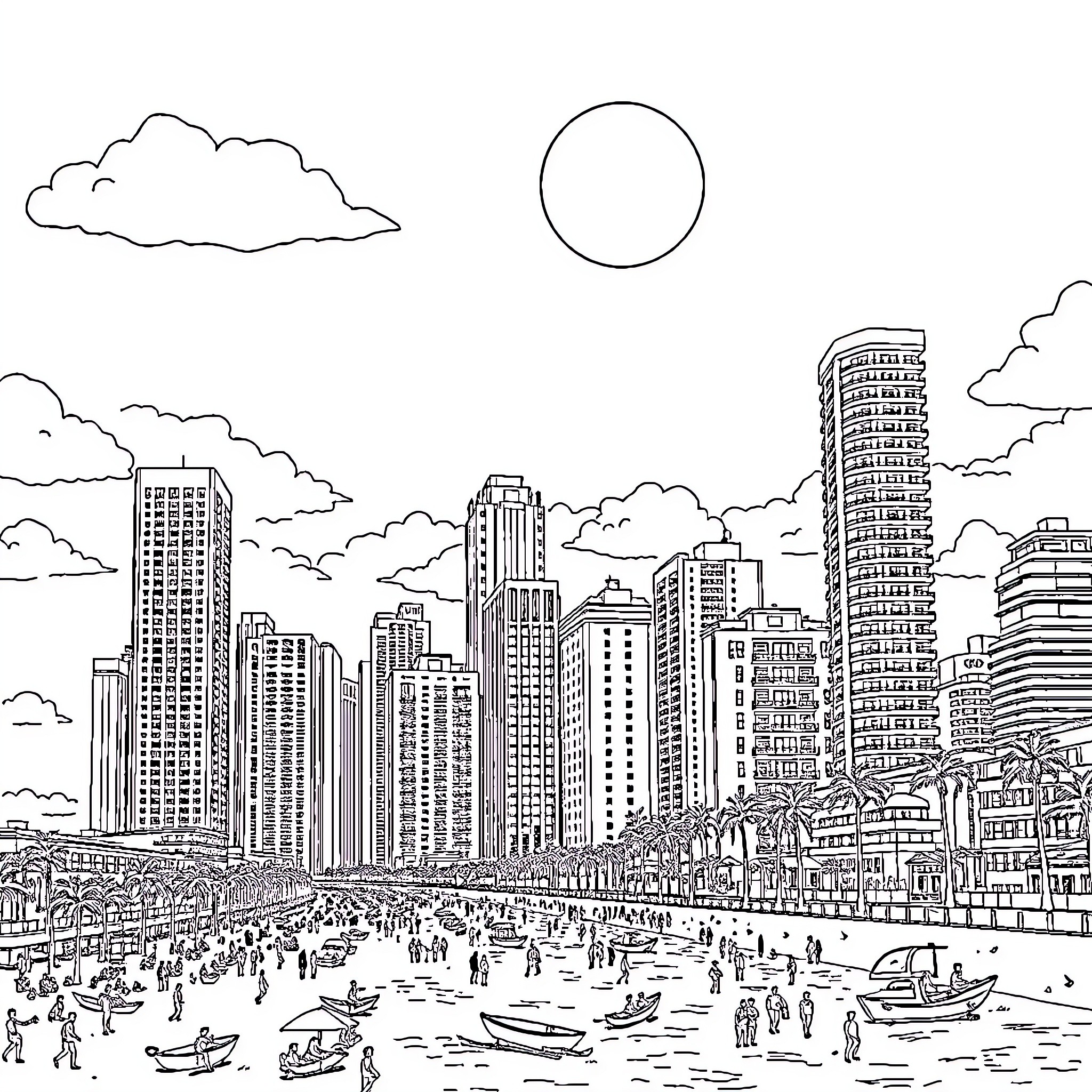 Miami Cityscape with Bustling Waterfront Scene Coloring Page (free black-and-white line drawing printable PDF for all, from beginners to advanced learners, including children, teens, adults, and seniors)