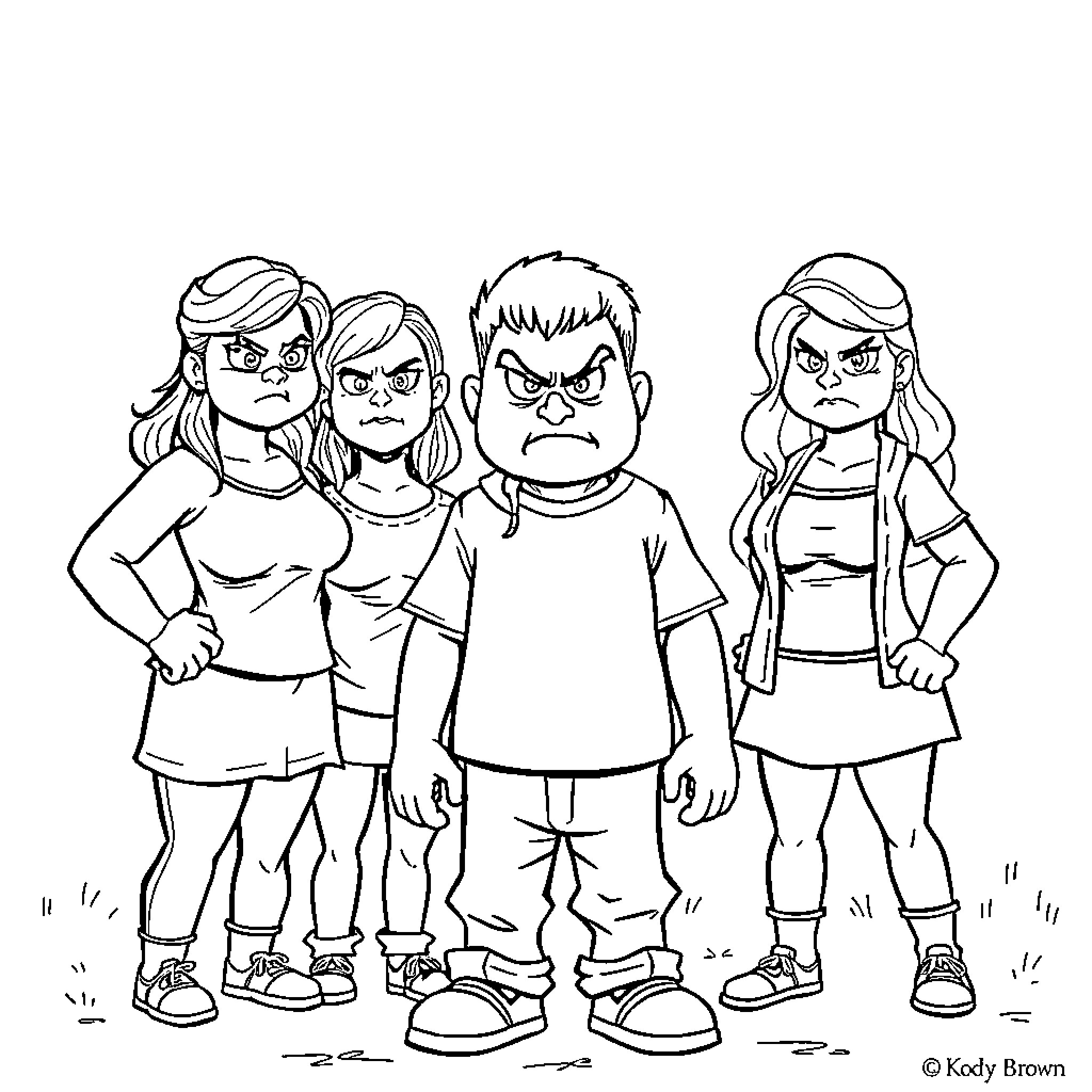 Brown Group of Angry Teens Posing Together Coloring Page (free black-and-white line drawing printable PDF for all, from beginners to advanced learners, including children, teens, adults, and seniors)
