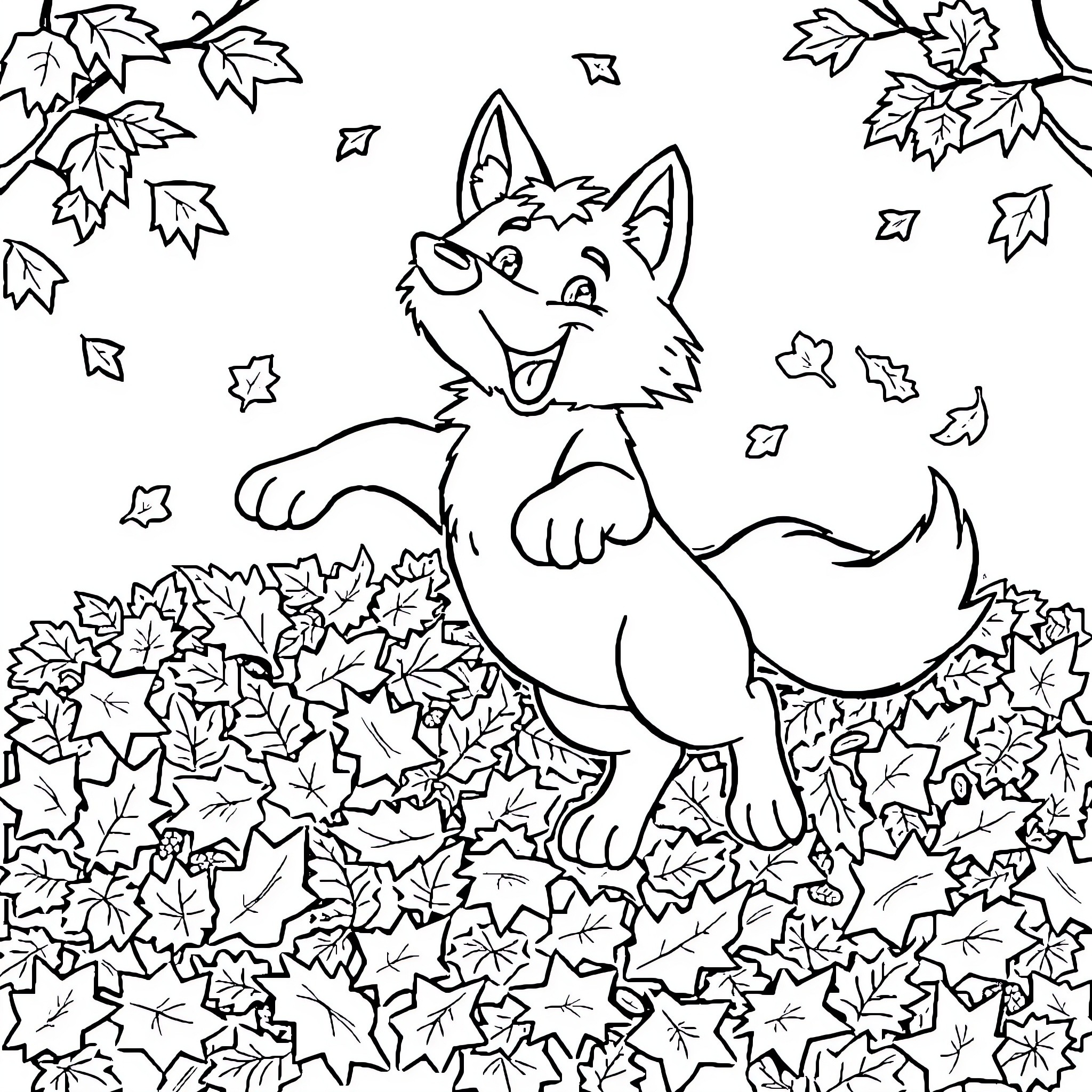 Wolf playing joyfully in autumn leaves Coloring Page (free black-and-white line drawing printable PDF for all, from beginners to advanced learners, including children, teens, adults, and seniors)