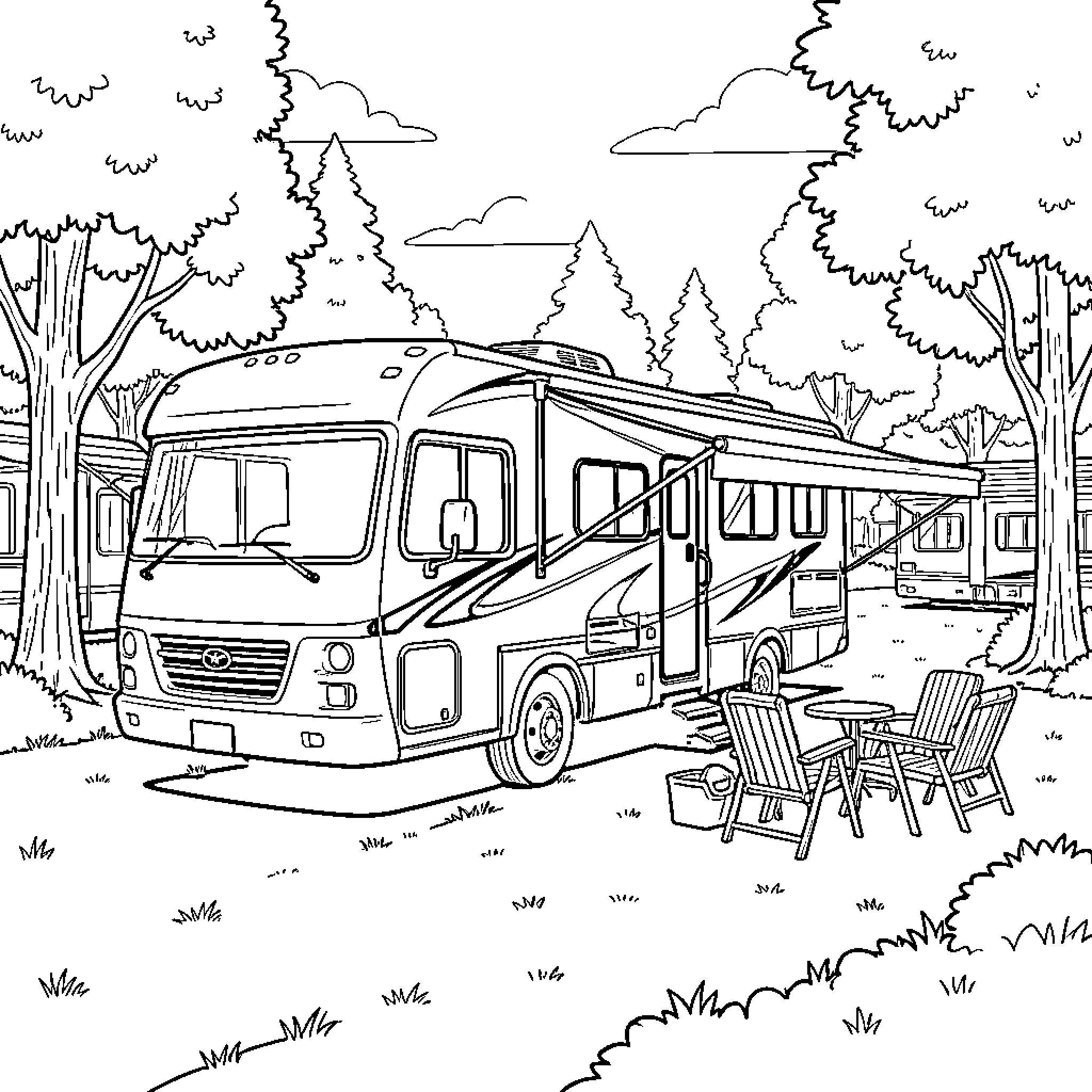 Recreational Vehicle parked in a peaceful campsite Coloring Page (free black-and-white line drawing printable PDF for all, from beginners to advanced learners, including children, teens, adults, and seniors)