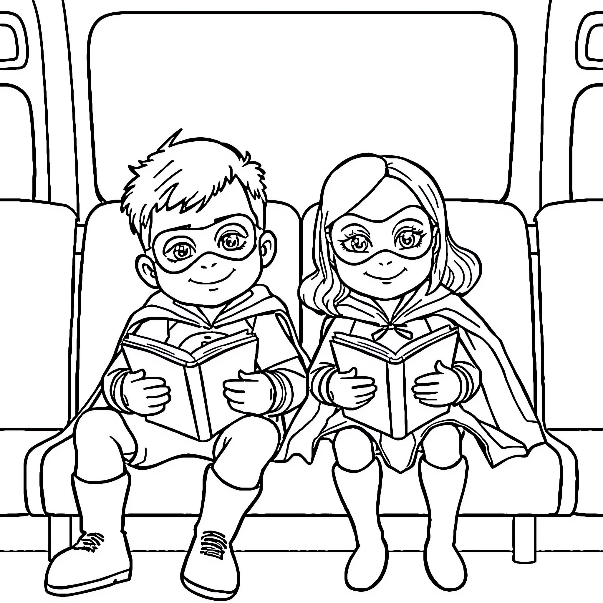 Superhero siblings reading books on bus Coloring Page (free black-and-white line drawing printable PDF for all, from beginners to advanced learners, including children, teens, adults, and seniors)