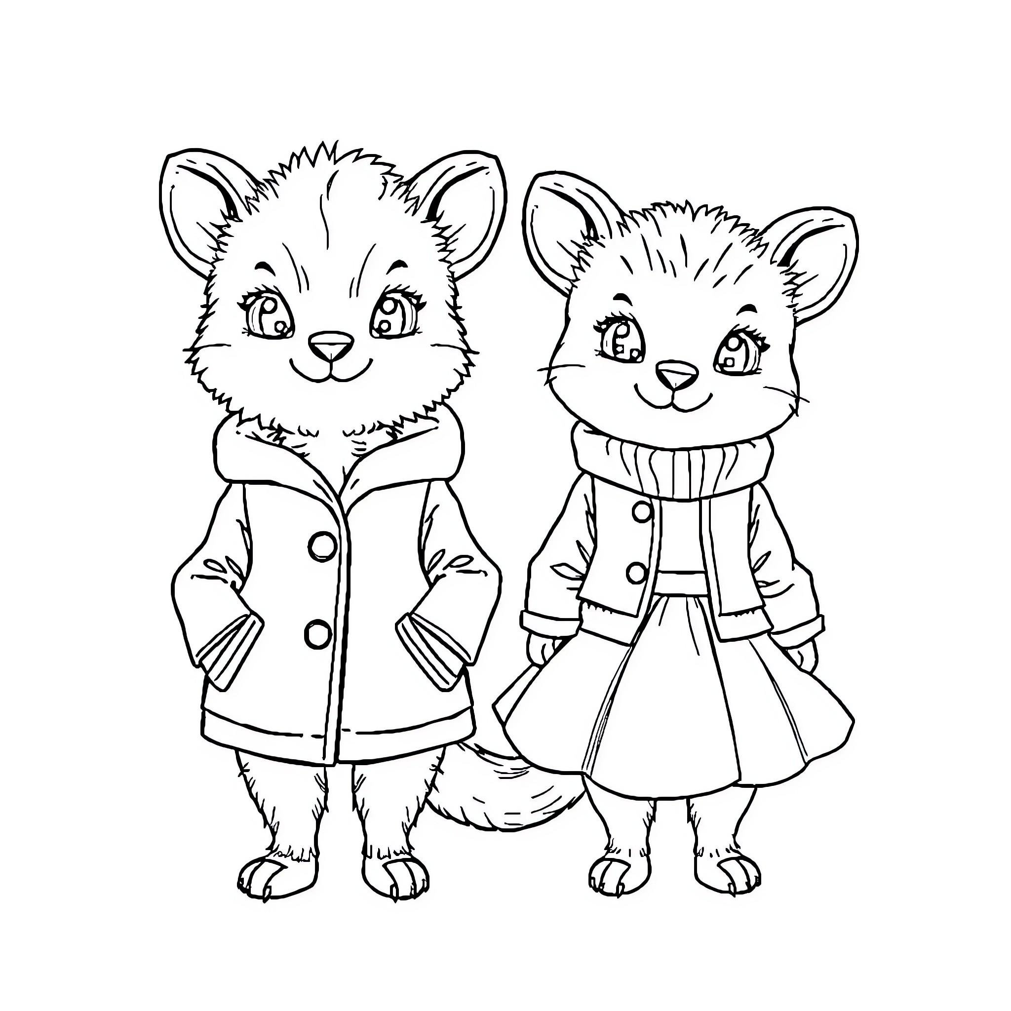 Animal friends in winter coats Coloring Page (free black-and-white line drawing printable PDF for all, from beginners to advanced learners, including children, teens, adults, and seniors)