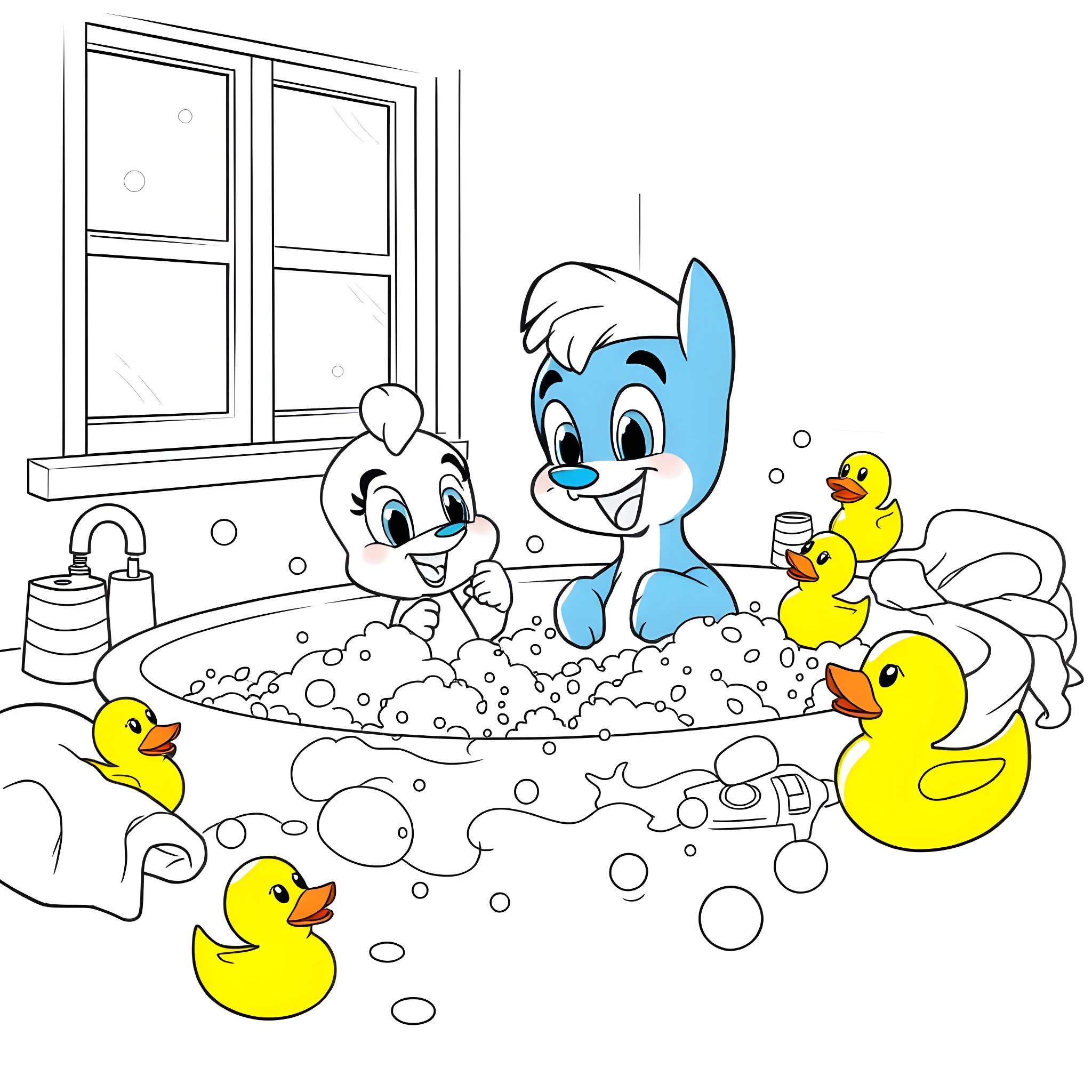 Bluey and friends playing in a bubble bath Coloring Page (free black-and-white line drawing printable PDF for all, from beginners to advanced learners, including children, teens, adults, and seniors)
