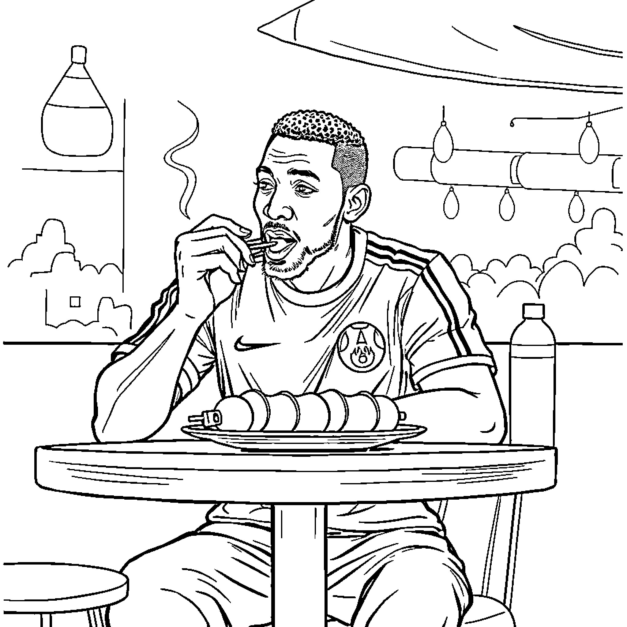 Mbappe enjoying a meal outdoors Coloring Page (free black-and-white line drawing printable PDF for all, from beginners to advanced learners, including children, teens, adults, and seniors)