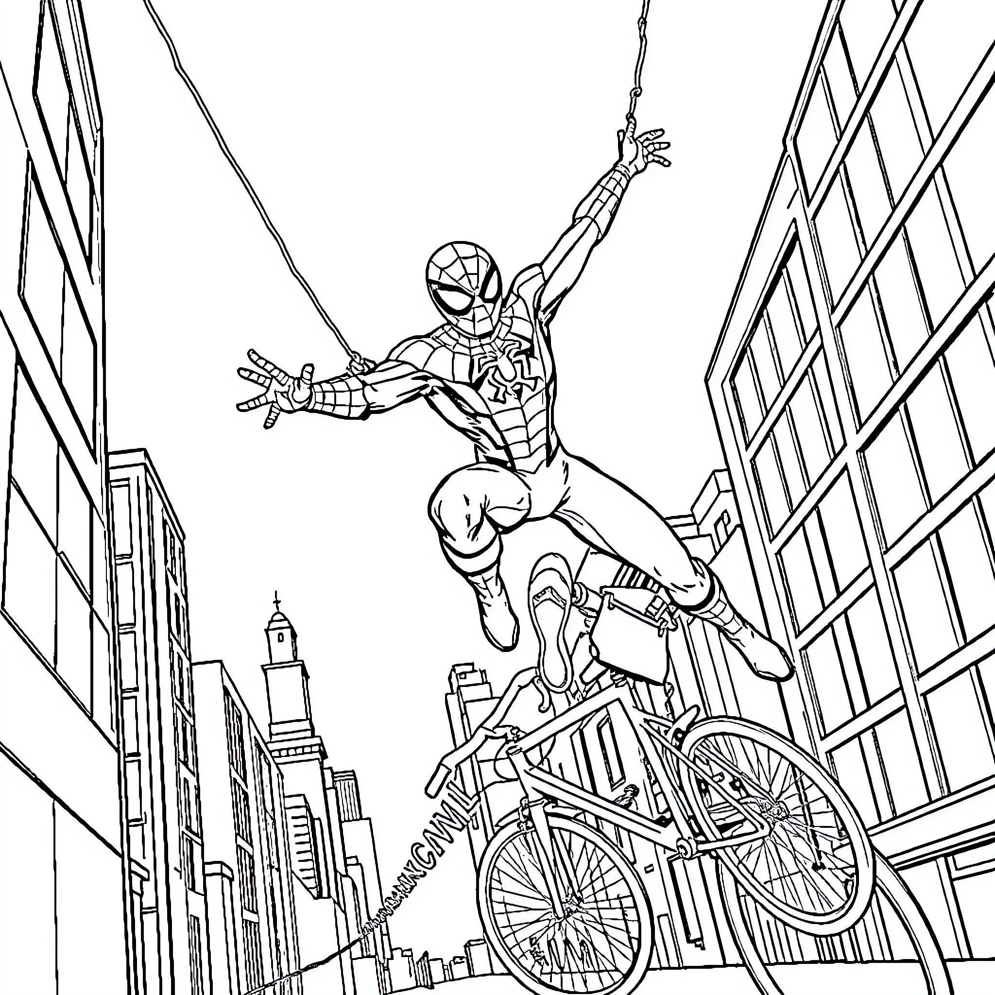 Spiderman swinging and riding a bicycle through the city Coloring Page (free black-and-white line drawing printable PDF for all, from beginners to advanced learners, including children, teens, adults, and seniors)