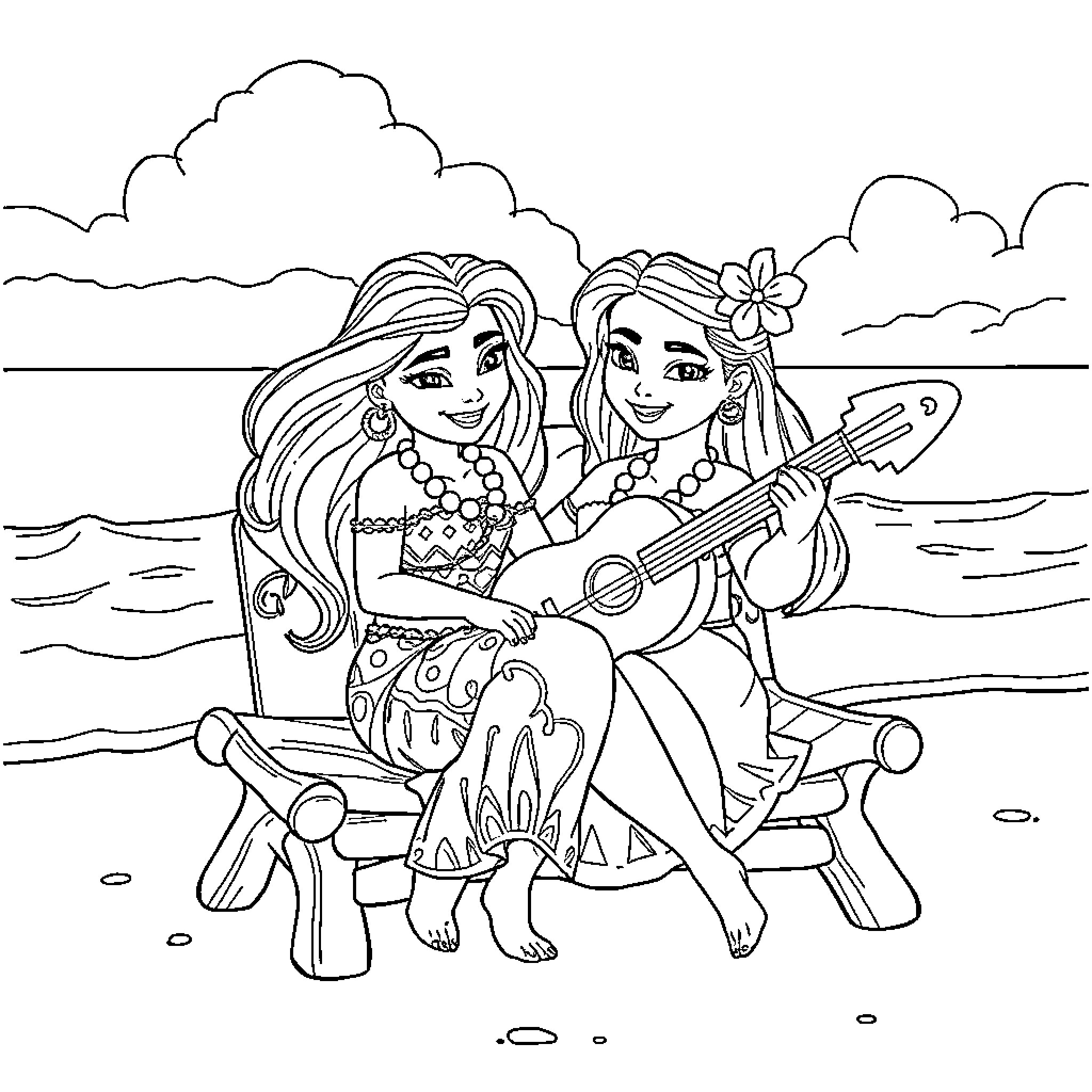 Vaiana friends enjoying the beach together Coloring Page (free black-and-white line drawing printable PDF for all, from beginners to advanced learners, including children, teens, adults, and seniors)