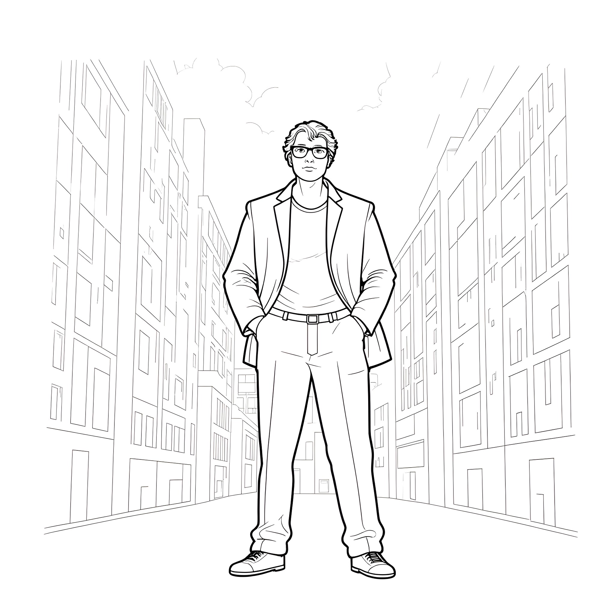 Columbo's Casual Stroll in the City Coloring Page (free black-and-white line drawing printable PDF for all, from beginners to advanced learners, including children, teens, adults, and seniors)