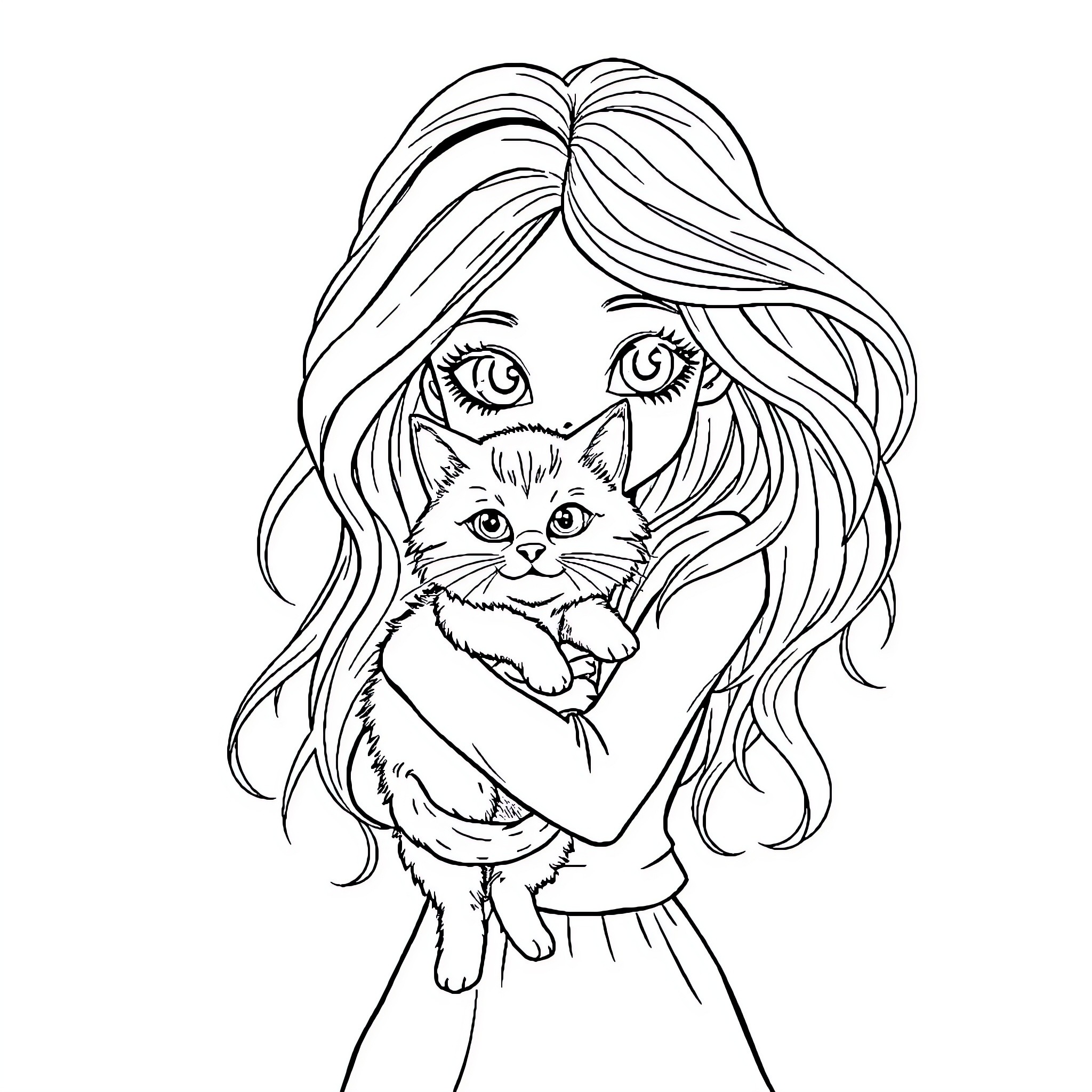 Girl hugging a cat with long hair Coloring Page (free black-and-white line drawing printable PDF for all, from beginners to advanced learners, including children, teens, adults, and seniors)