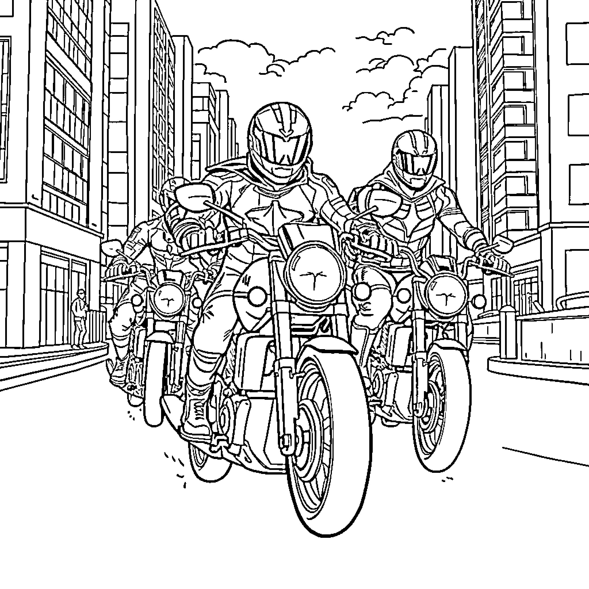 Superhero Motorcyclists Navigating the City Streets Coloring Page (free black-and-white line drawing printable PDF for all, from beginners to advanced learners, including children, teens, adults, and seniors)