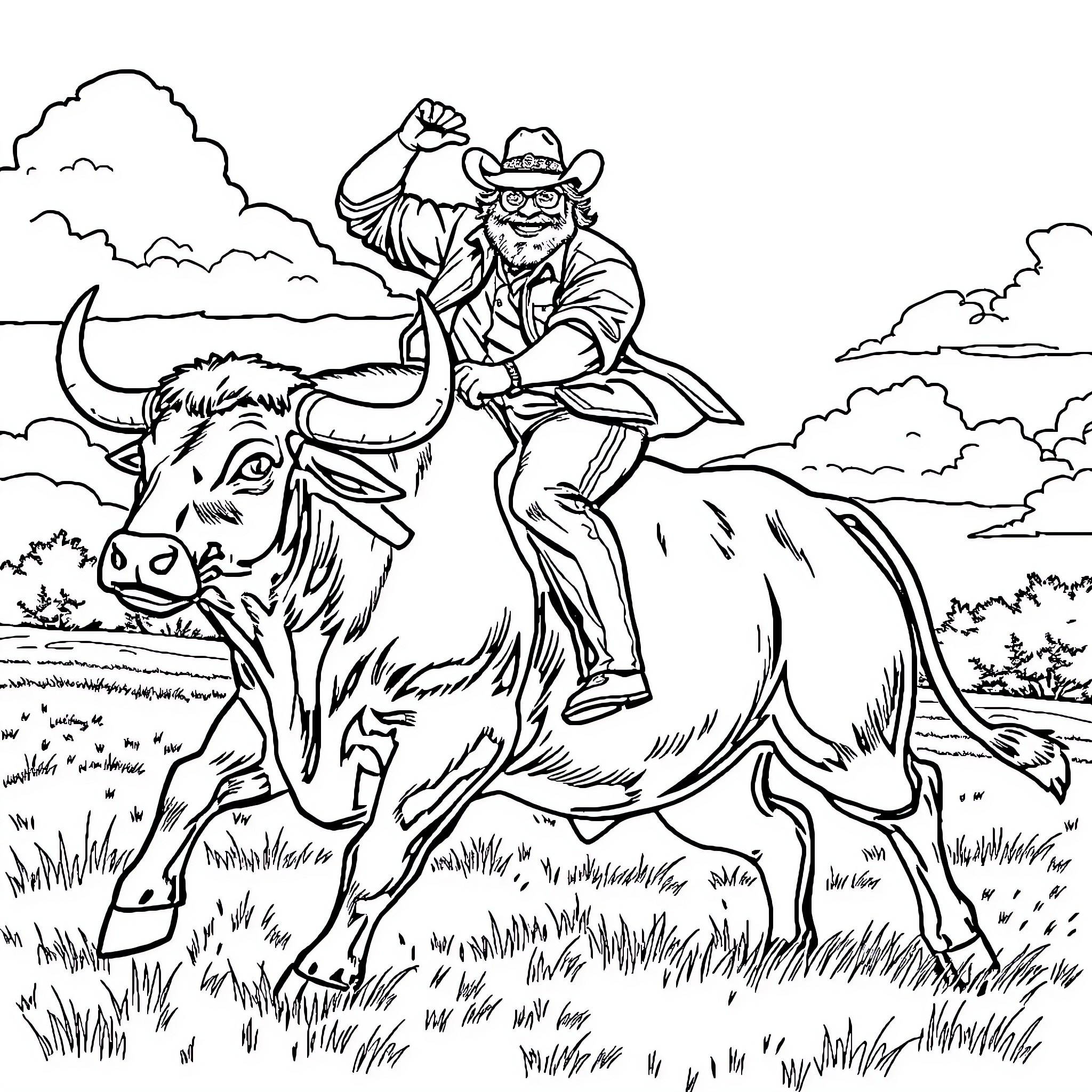 Danny DeVito riding a buffalo in the countryside Coloring Page (free black-and-white line drawing printable PDF for all, from beginners to advanced learners, including children, teens, adults, and seniors)