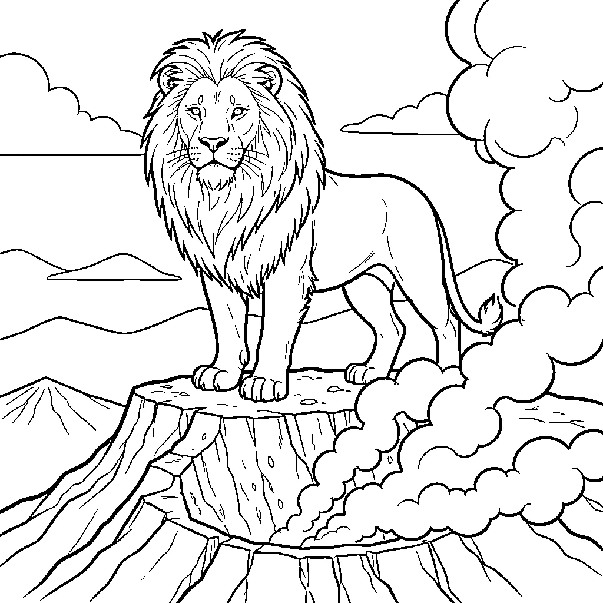 Lion standing majestically on a cliff Coloring Page (free black-and-white line drawing printable PDF for all, from beginners to advanced learners, including children, teens, adults, and seniors)