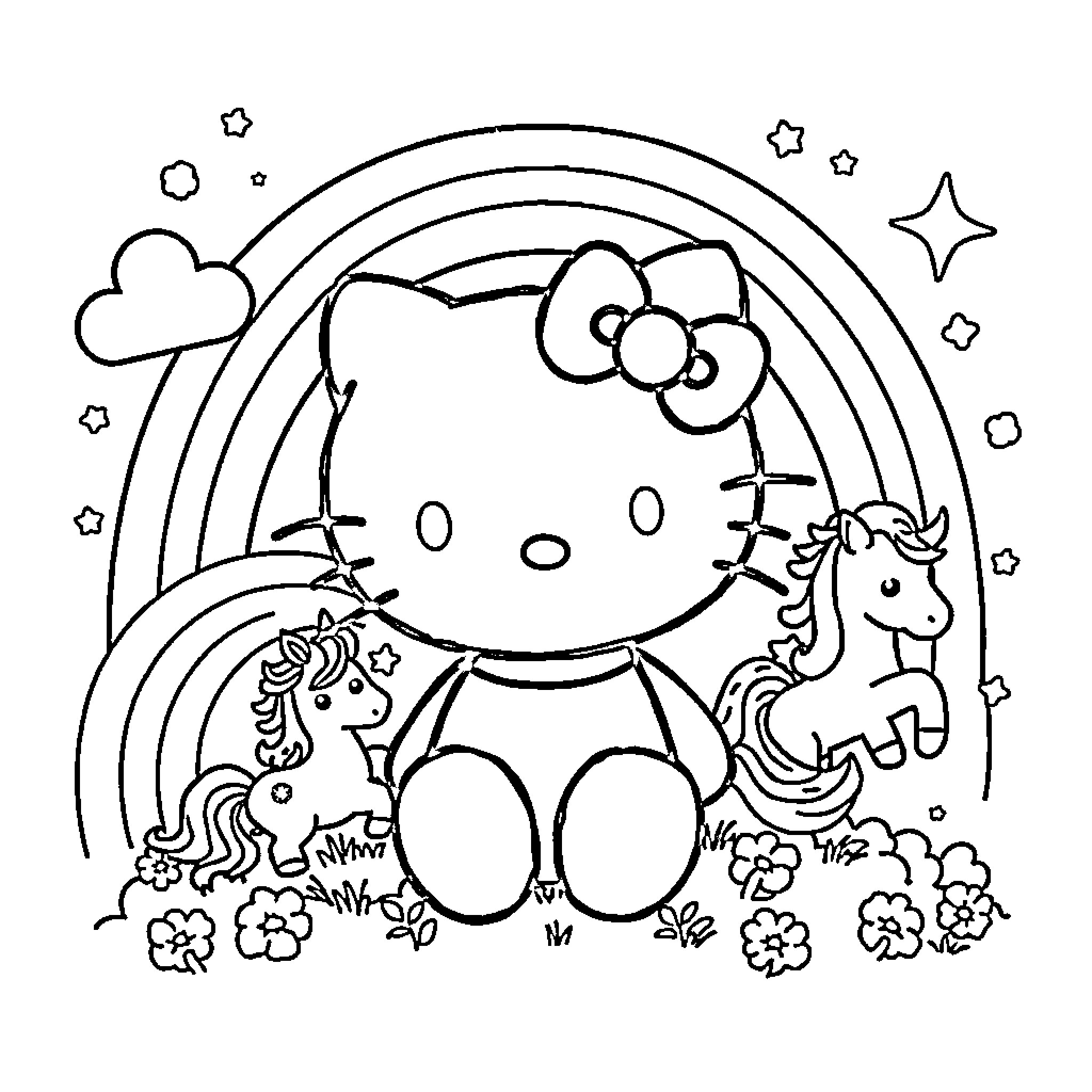 Hello Kitty playing with unicorns in a magical scene Coloring Page (free black-and-white line drawing printable PDF for all, from beginners to advanced learners, including children, teens, adults, and seniors)