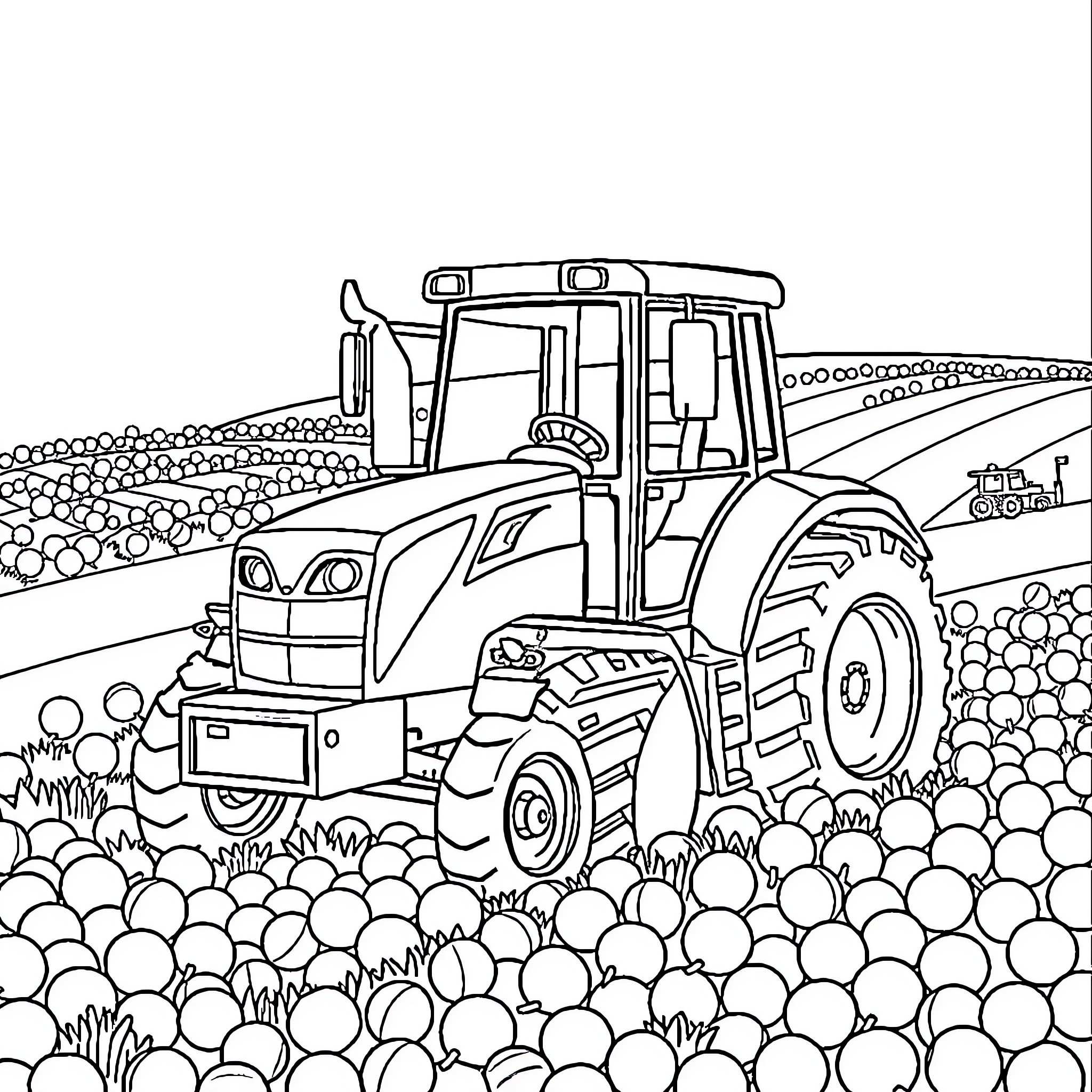 Tractor working diligently in a field Coloring Page (free black-and-white line drawing printable PDF for all, from beginners to advanced learners, including children, teens, adults, and seniors)