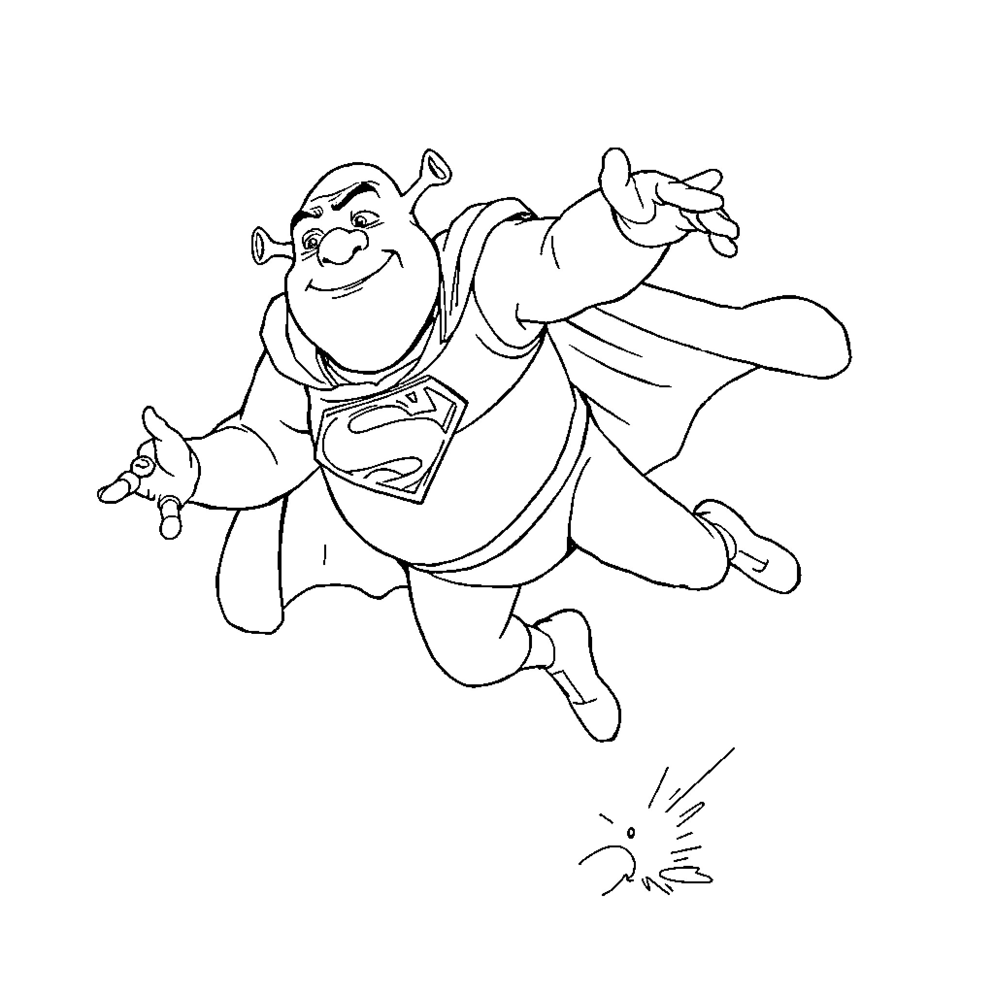 Shrek soaring through the air with a joyful expression Coloring Page (free black-and-white line drawing printable PDF for all, from beginners to advanced learners, including children, teens, adults, and seniors)
