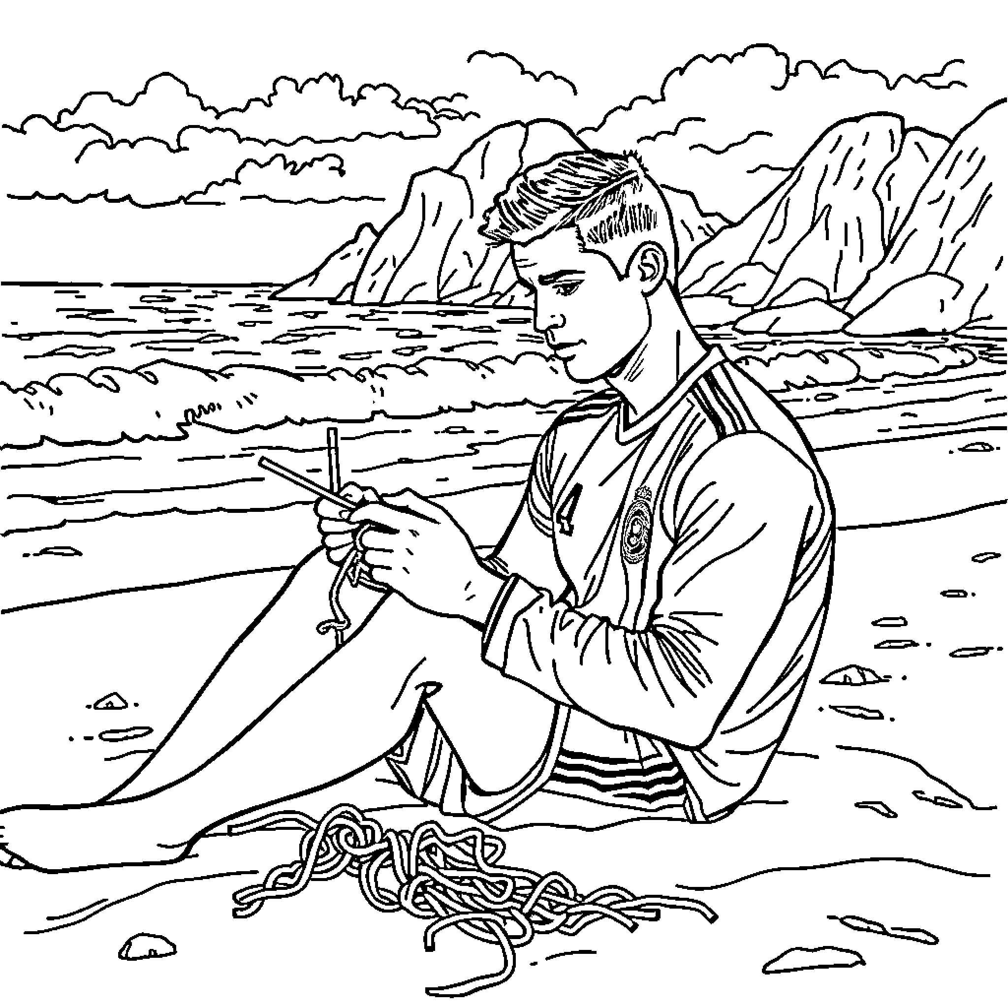 Cristiano Ronaldo sitting contemplatively on a rocky beach Coloring Page (free black-and-white line drawing printable PDF for all, from beginners to advanced learners, including children, teens, adults, and seniors)