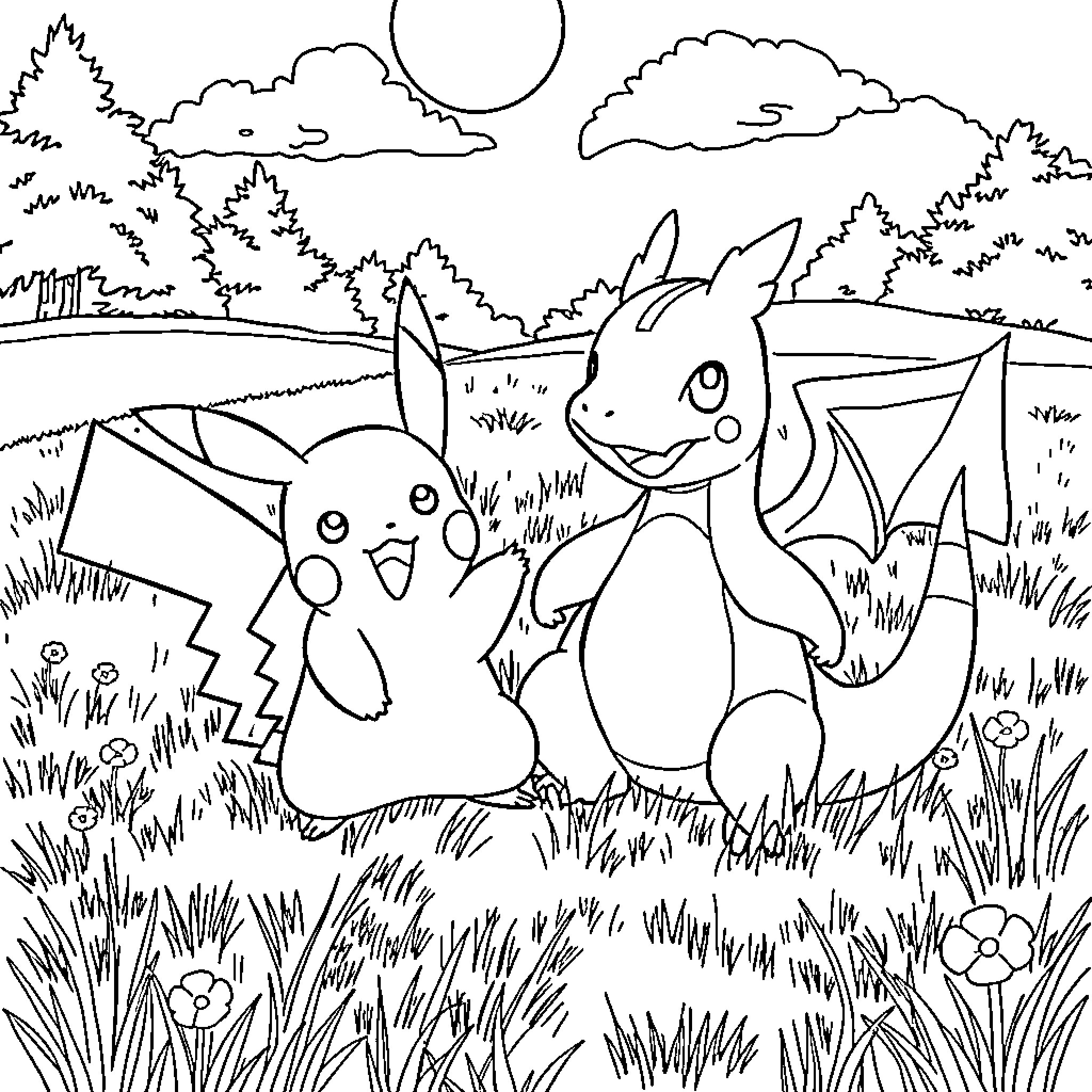 Pikachu and friends exploring the outdoors Coloring Page (free black-and-white line drawing printable PDF for all, from beginners to advanced learners, including children, teens, adults, and seniors)