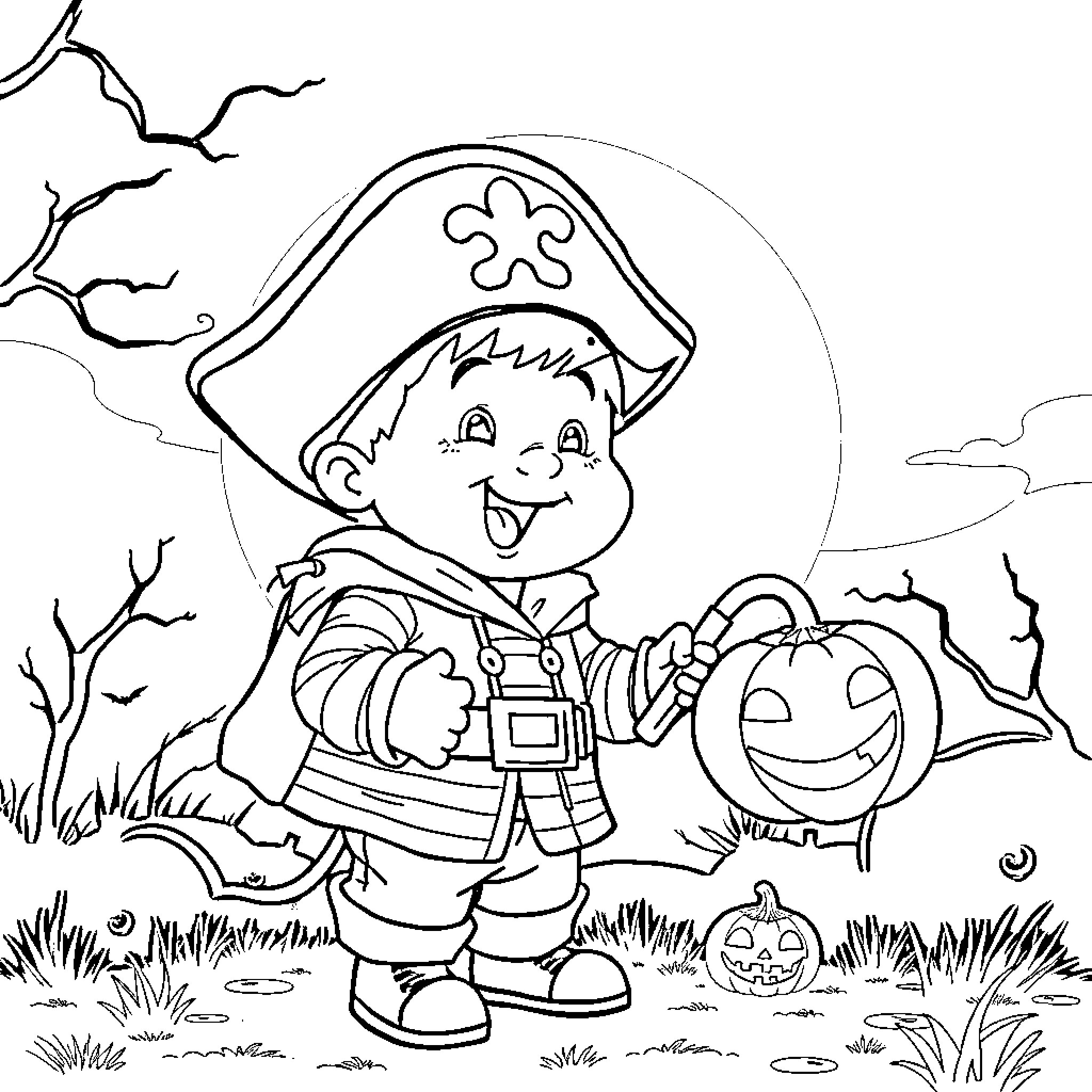 Kid in Pirate Costume Celebrating Halloween Coloring Page (free black-and-white line drawing printable PDF for all, from beginners to advanced learners, including children, teens, adults, and seniors)