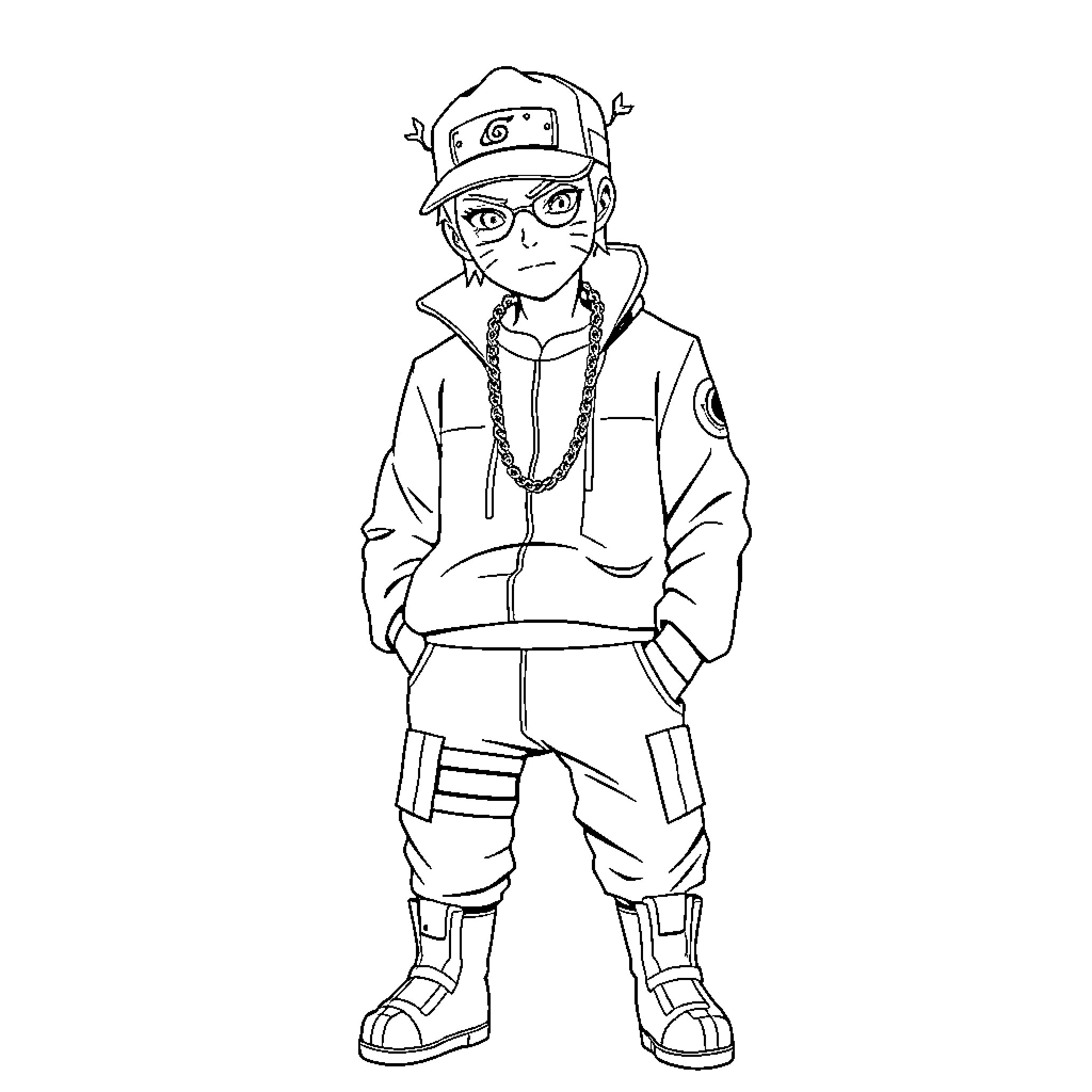 Naruto character in ninja outfit with expression Coloring Page (free black-and-white line drawing printable PDF for all, from beginners to advanced learners, including children, teens, adults, and seniors)
