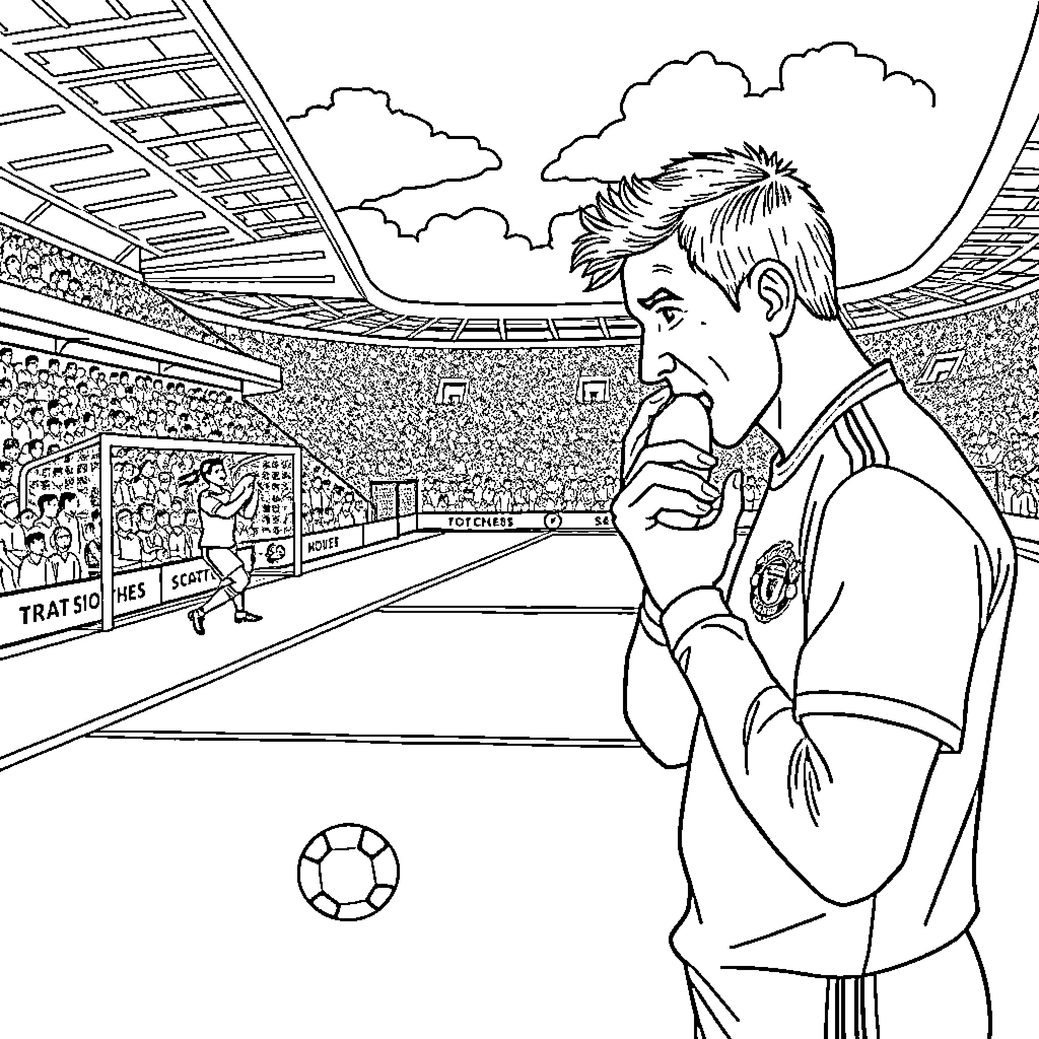 Manchester United Player Contemplating Strategy on the Pitch Coloring Page (free black-and-white line drawing printable PDF for all, from beginners to advanced learners, including children, teens, adults, and seniors)
