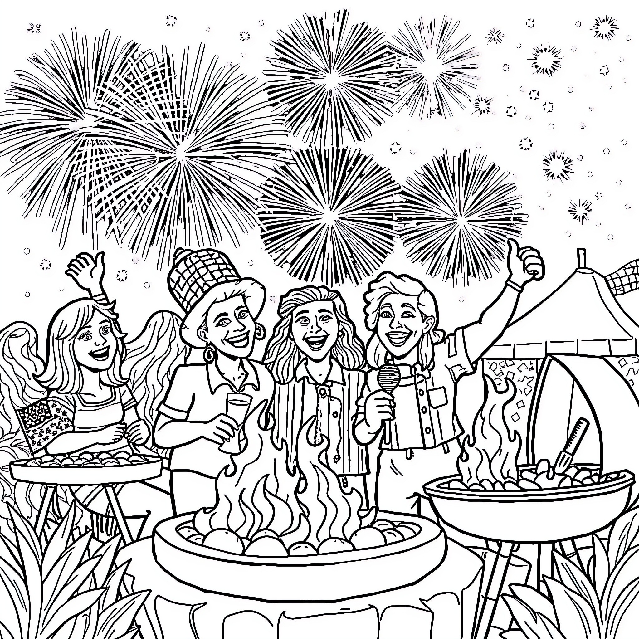 American Family Enjoying Fireworks and Outdoor Celebration Coloring Page (free black-and-white line drawing printable PDF for all, from beginners to advanced learners, including children, teens, adults, and seniors)