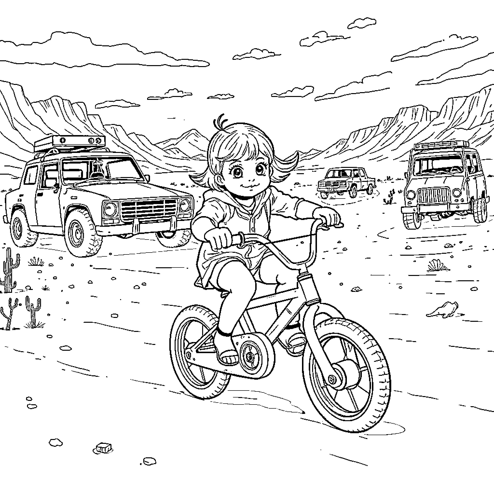 Baby Girl Exploring the Desert on a Bicycle Coloring Page (free black-and-white line drawing printable PDF for all, from beginners to advanced learners, including children, teens, adults, and seniors)