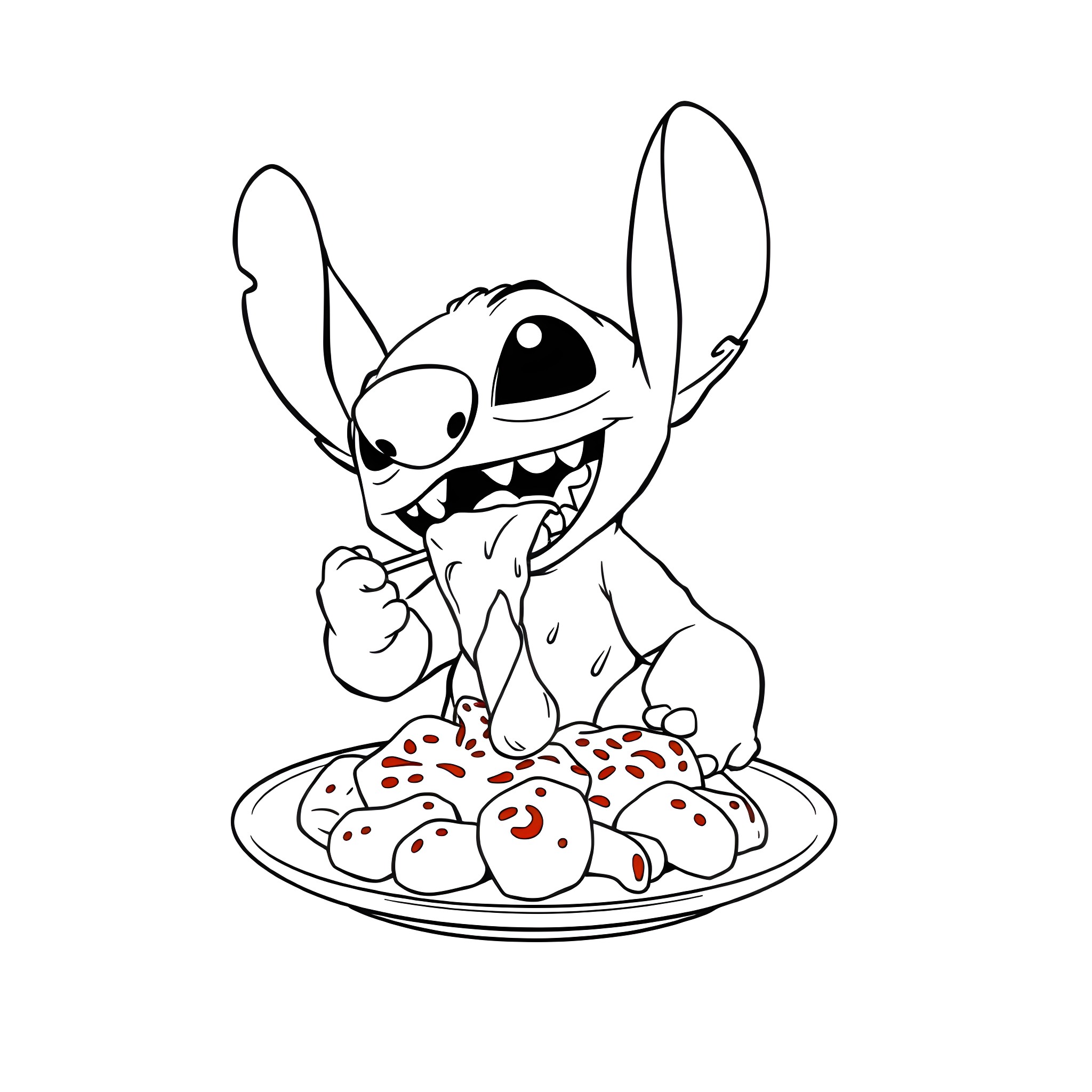 Stitch enjoying a plate of cookies Coloring Page (free black-and-white line drawing printable PDF for all, from beginners to advanced learners, including children, teens, adults, and seniors)